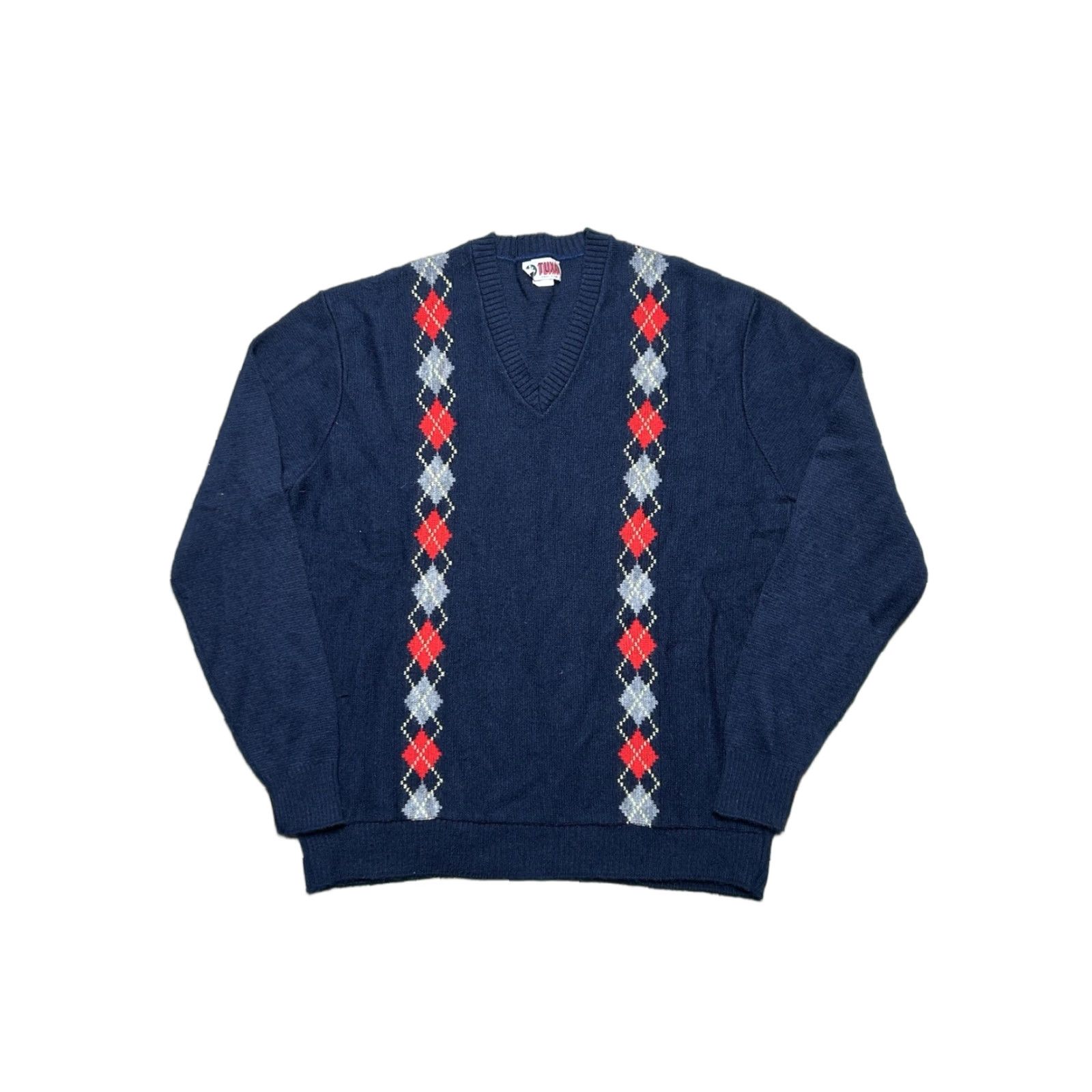 Vintage VINTAGE Tuxan Sweater Argyle V-Neck Pullover 80s 70s Blue 2XL Men’s Long Size US XXL / EU 58 / 5 - 1 Thumbnail