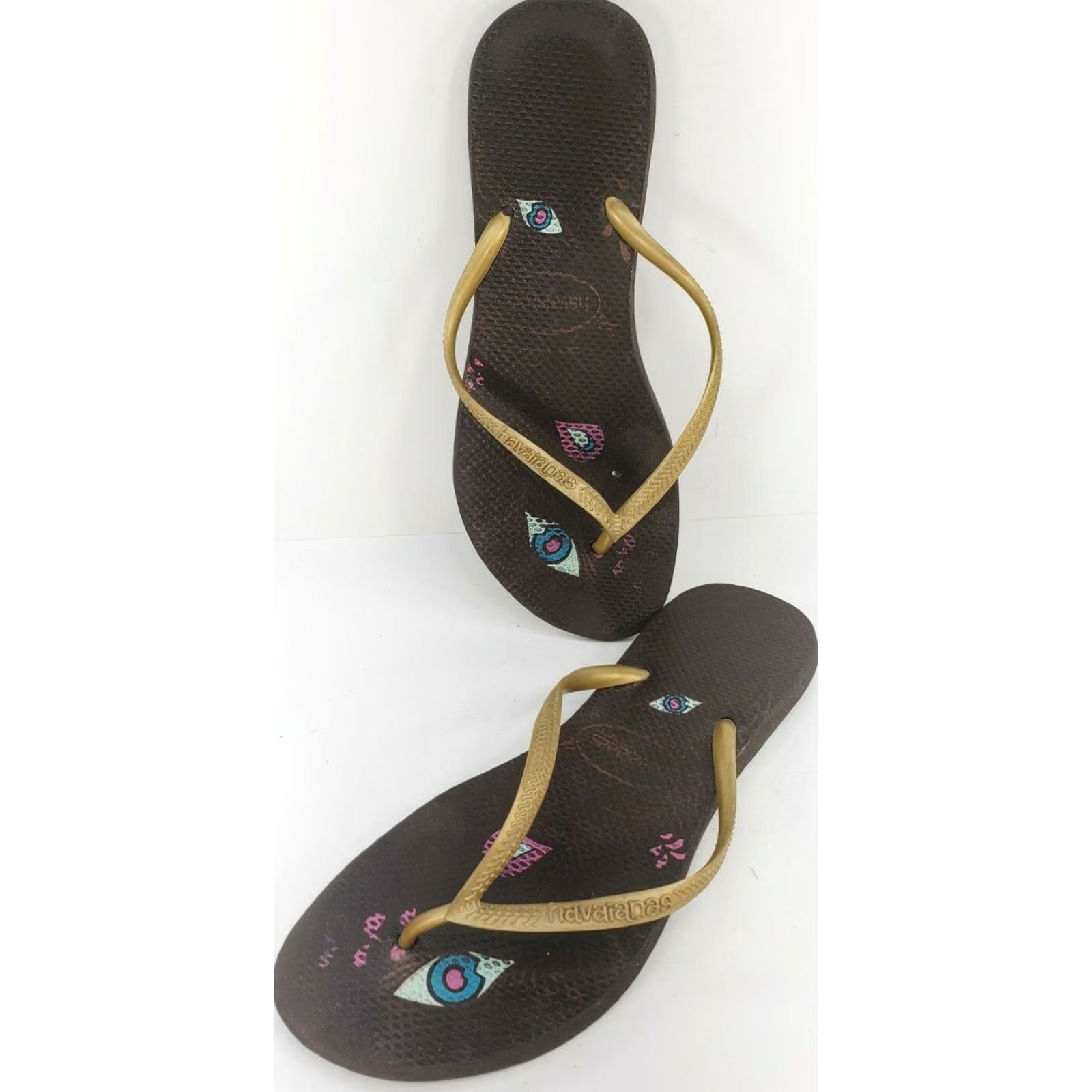 Vintage Havaianas Sandals Women's 9 Gold Straps Brown Footbed Comfy Casual Flip Flop Slips On Rubber Breathable 2020 Mens? Size US 9 / IT 39 - 6 Thumbnail
