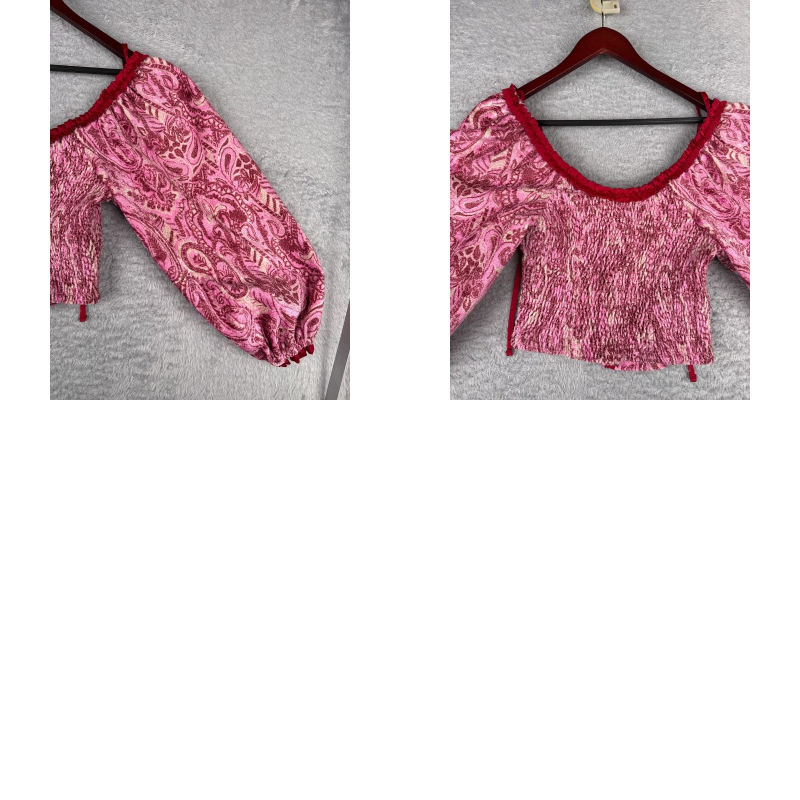 Free People Free People Blouse Shirt Womens S Pink Velvet Cropped Balloon Sleeve Square Neck Paisley 70s Bohemian College Fairy Hippie Peasant Collarless Ladies Size S / US 4 / IT 40 - 9 Thumbnail