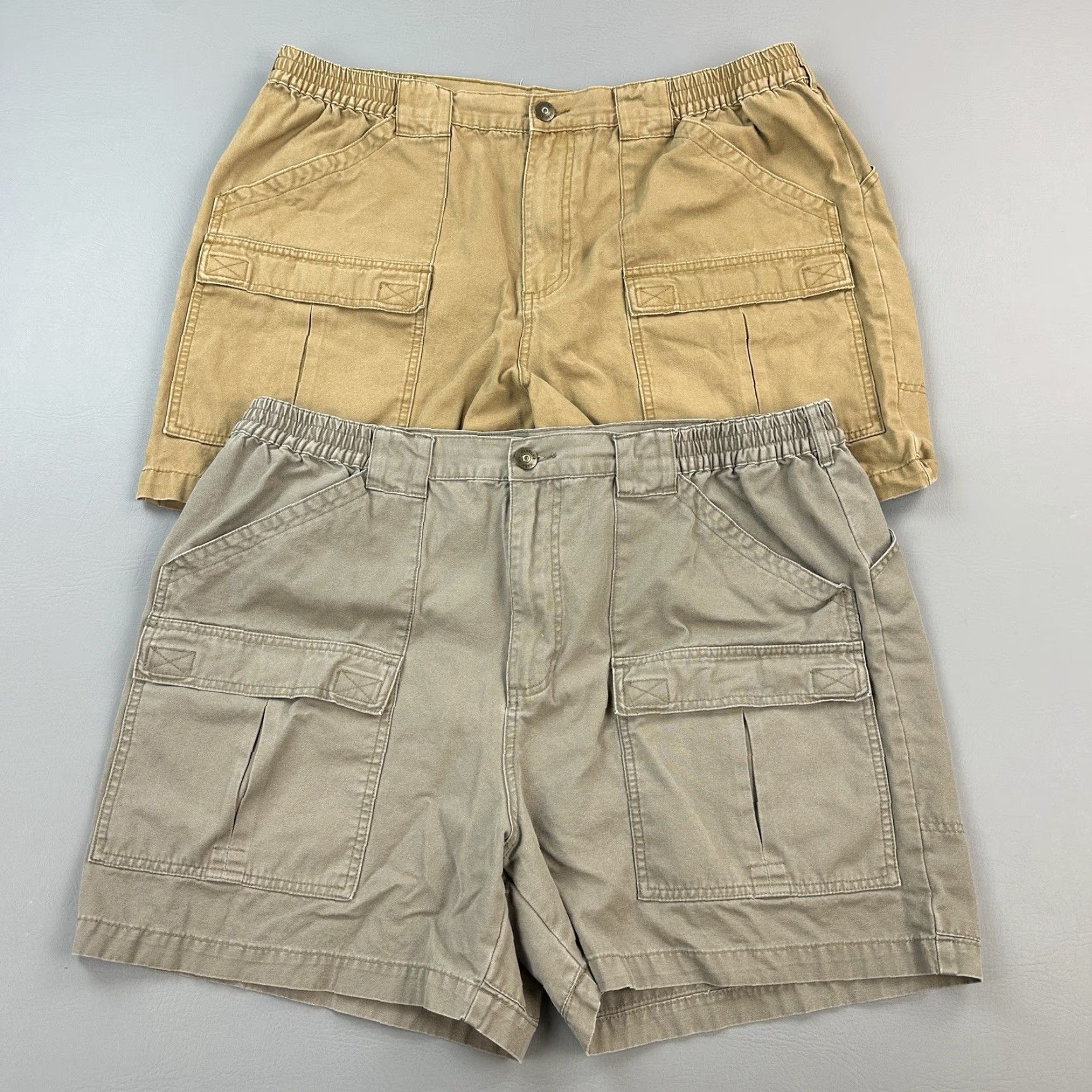Vintage Cabelas Shorts Mens 42 Tan Canvas 5" Trail Hiker Cargo Elastic Waist Lot of 2 Mens Pants Canvas Cargo Pocket Brown 42 in Regular Cotton Size US 42 / EU 58 - 2 Thumbnail