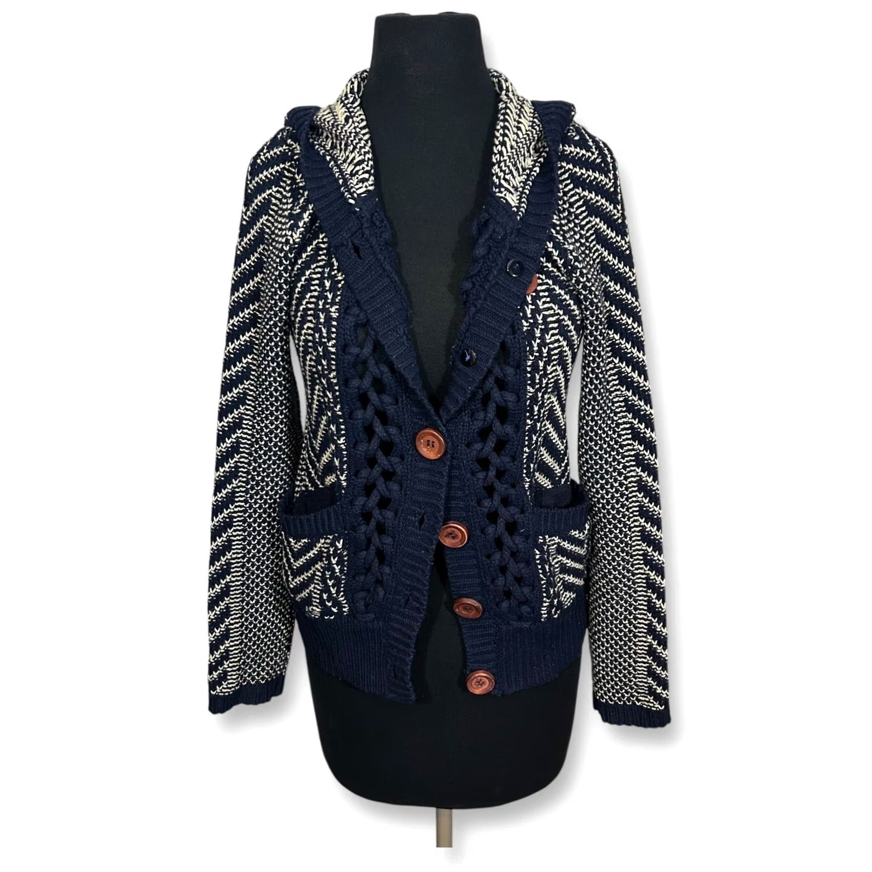 Anthropologie HWR Cardigan Sweater Hooded Button Front Geometric Knit Blue Cream Womens S Size S / US 4 / IT 40 - 2 Thumbnail