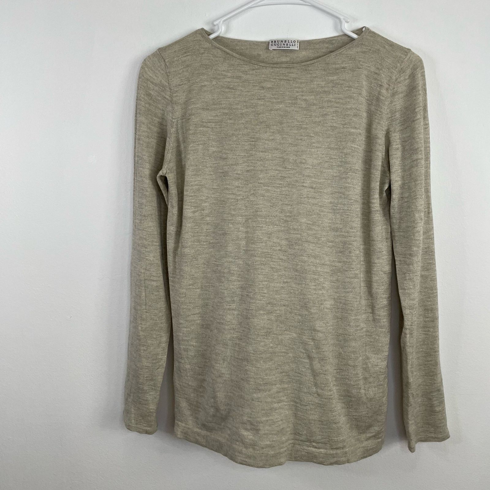 image of Brunello Cucinelli Sparkling Sweater XL Metallic Long Sleeve in Tan, Women's