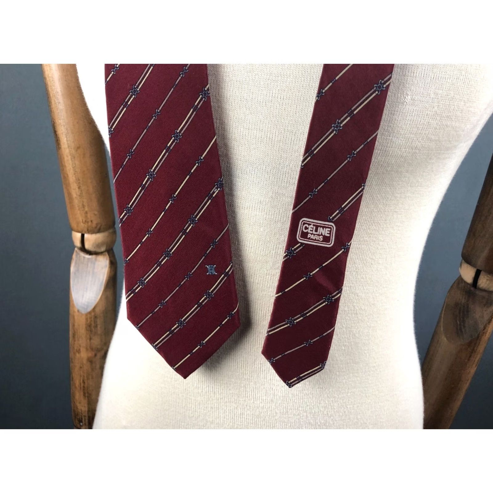 Celine CÉLINE Paris Silk Men Tie Striped Hand Made Burgundy 100% Silk Classic Neckwear Size ONE SIZE - 4 Thumbnail