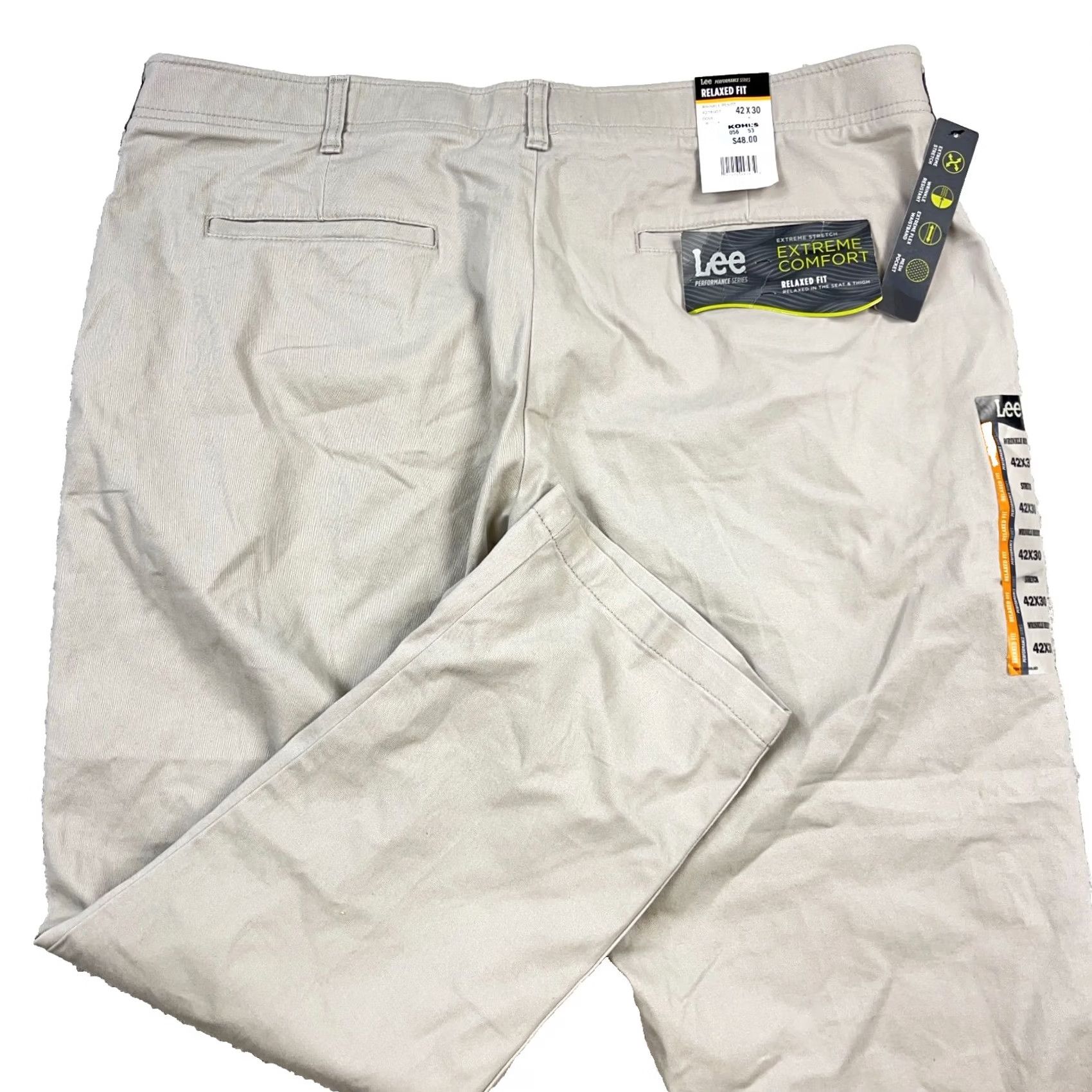 Lee Lee Chino Pants Men Relaxed Fit Straight Leg 42x30 Beige Cotton Stretch 5-Pocket Front Flat Front Wide Range of Seasons Mens Size US 42 / EU 58 - 2 Thumbnail