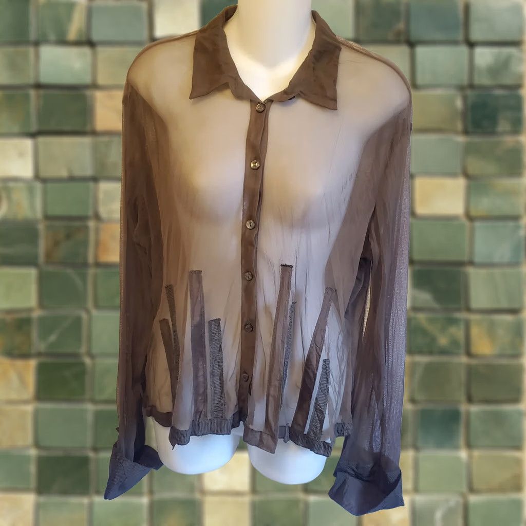 J. Jill J Jill Blouse Sz Med Brown Sheer Patchwork Trim Button Up Lagenlook Office Size M / US 6-8 / IT 42-44 - 1 Thumbnail