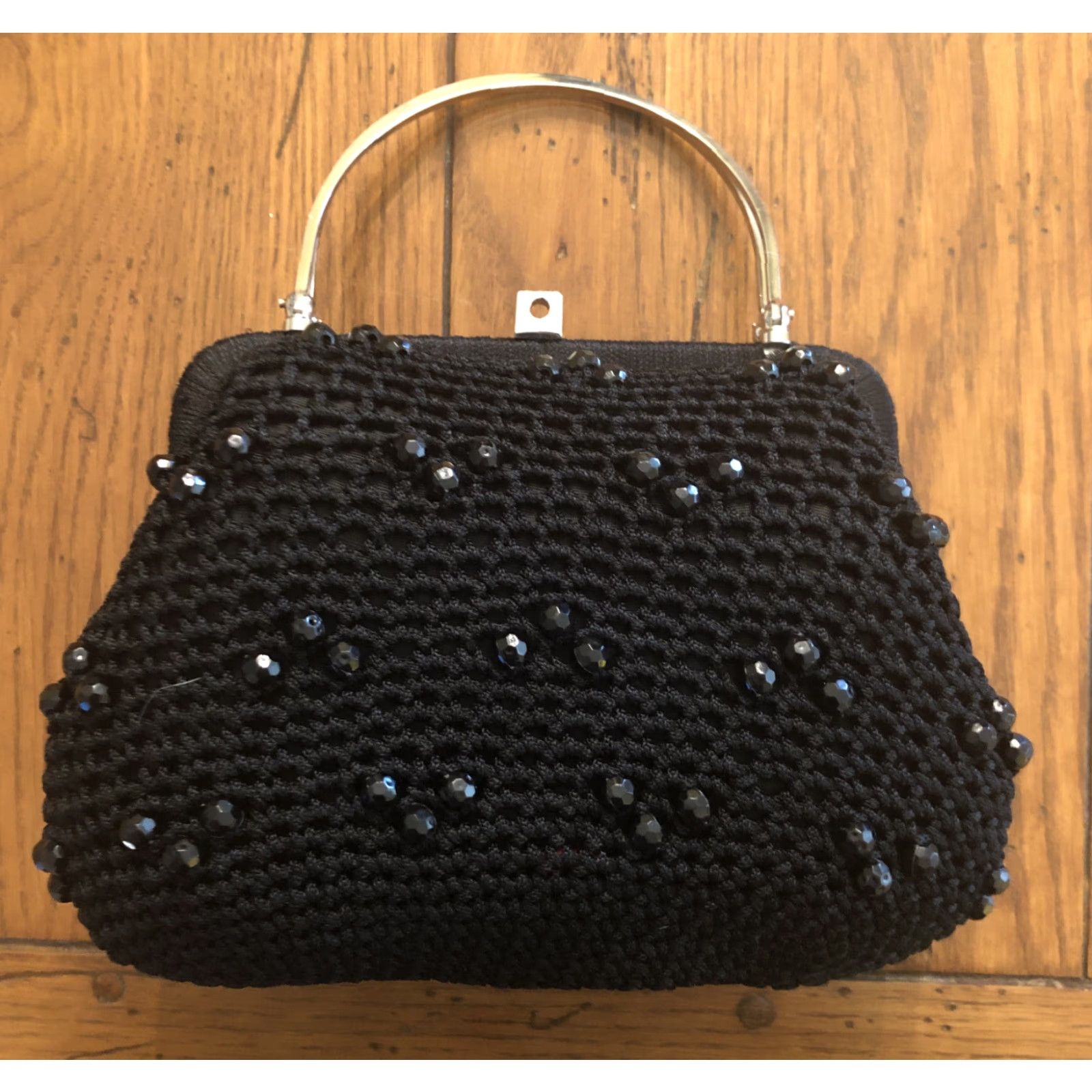 Vintage VINTAGE Evening Bag Crochet with Black Beads & Silver-Tone Handles Puffy Women Small Black Size ONE SIZE - 4 Thumbnail