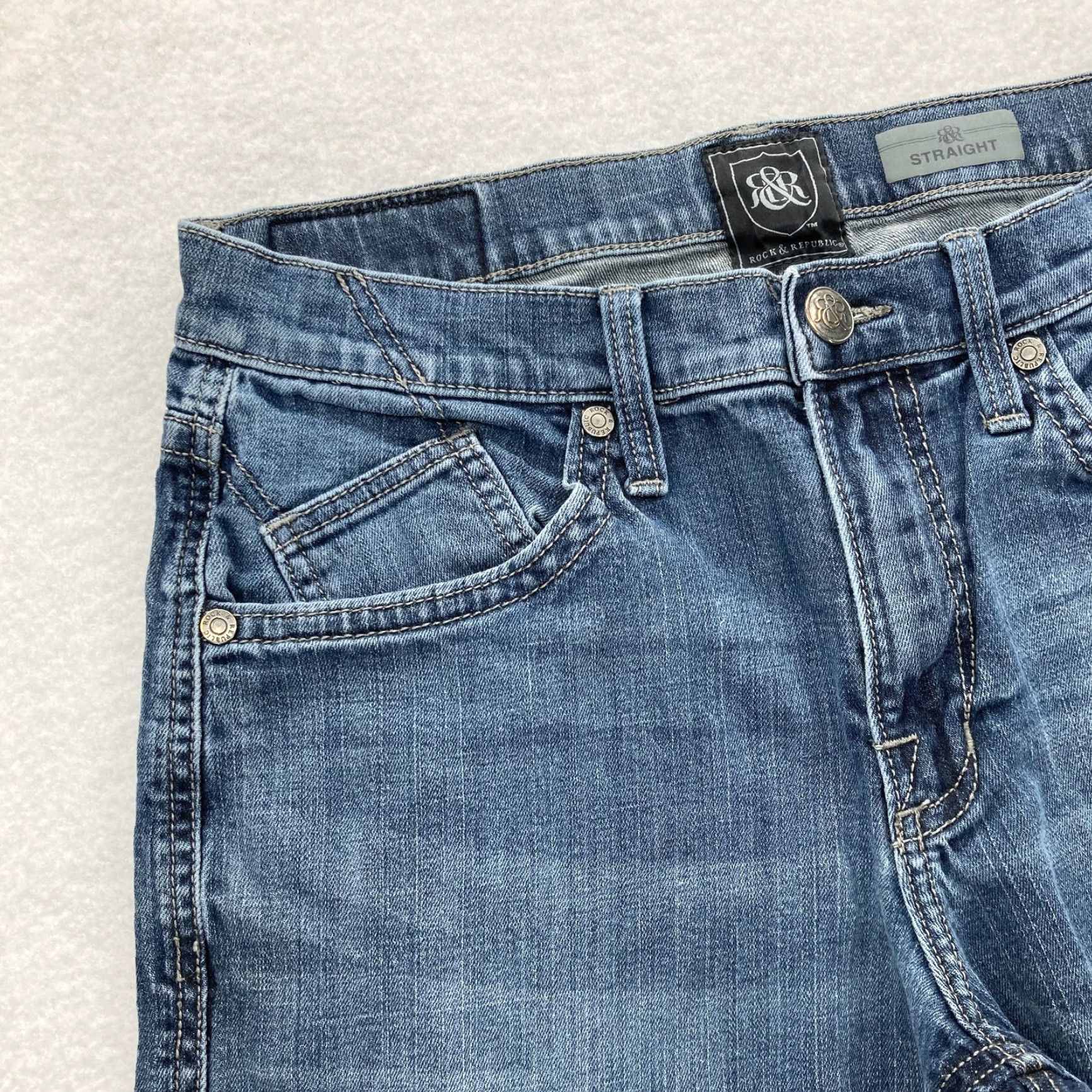 Vintage Rock & Republic Jeans Mens 32x32 Blue Straight Stretch Denim Zip Fly Grunge Rock Size US 32 / EU 48 - 3 Thumbnail