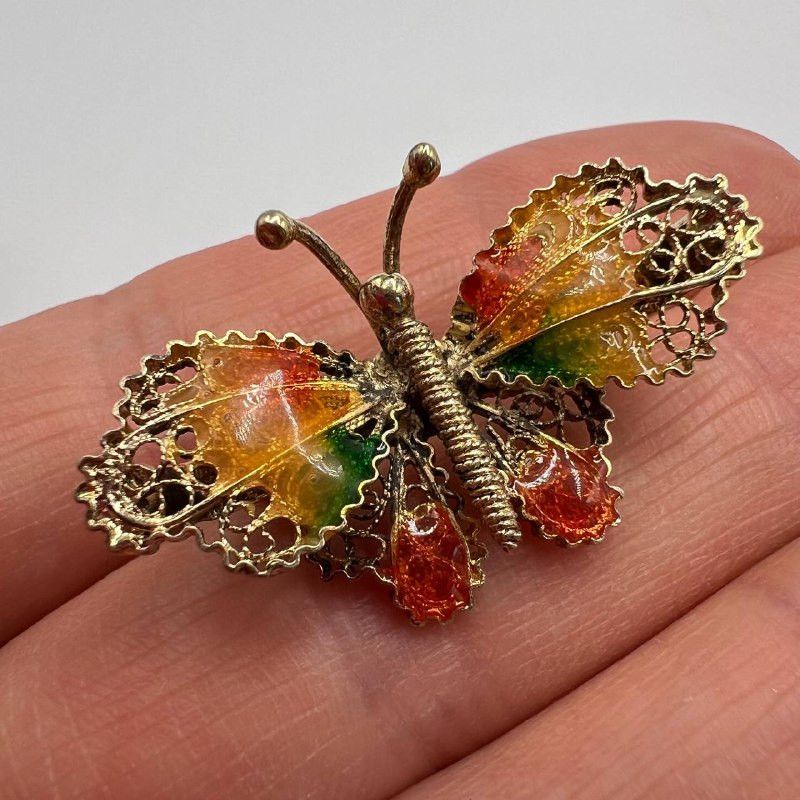 Antique Italian Butterfly Brooch Filigree Gilt Silver 800