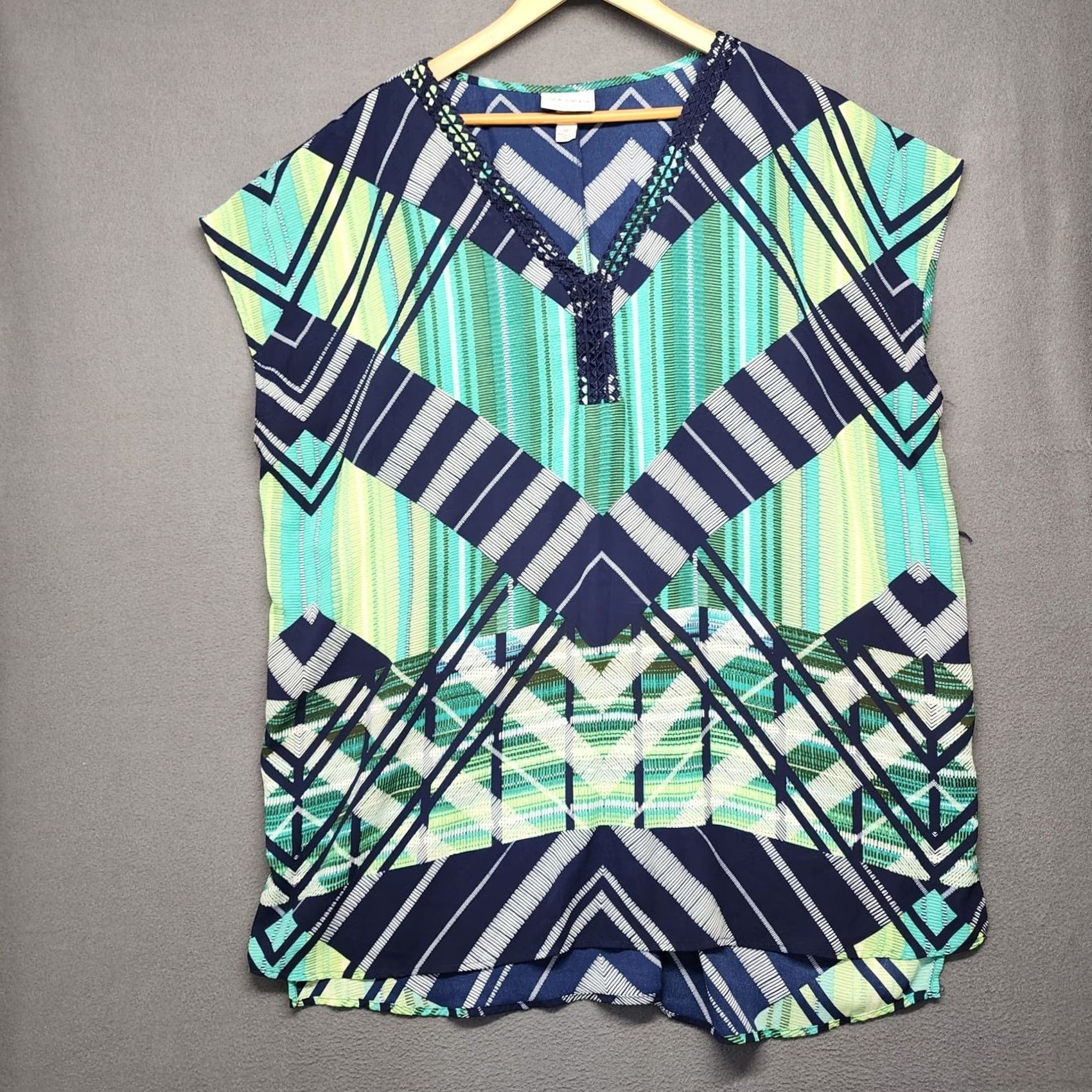 Vintage Ava Viv Blouse Geometric Print Blue Green 3X Plus Size Tunic Top Womens Size XXL / US 16-18 / IT 52-54 - 2 Thumbnail