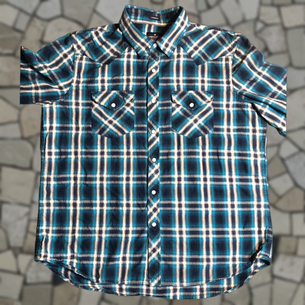 American Eagle Outfitters VINTAGE American Eagle Outfitters Western Shirt XL Long Sleeve Blue Plaid Snap Button-Up Cotton Classic Mens Size US XL / EU 56 / 4 - 1 Thumbnail