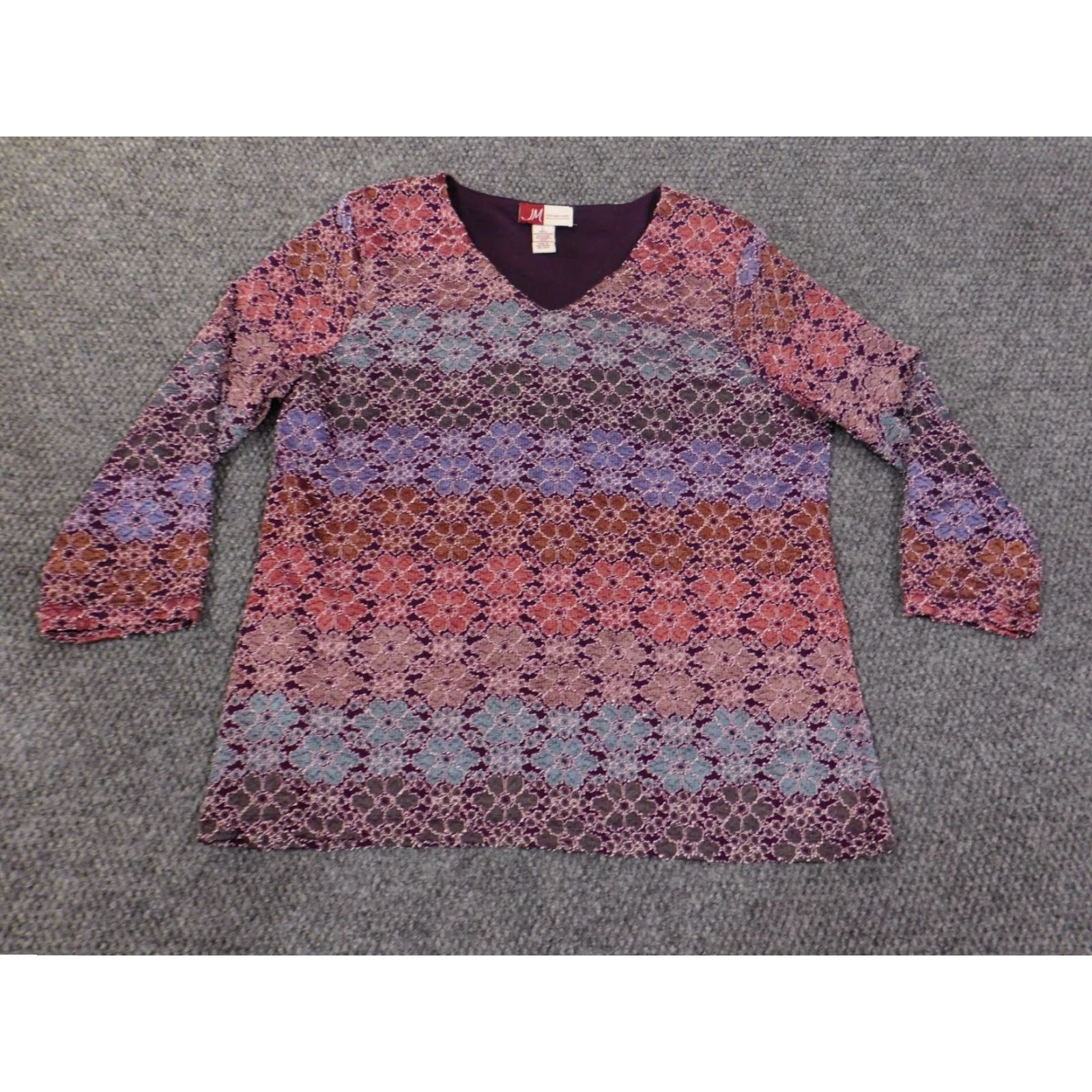 JM Collection JM Collection Blouse Shirt Womens L Purple Geometric Crew Neck Pullover Cap Sleeve Polyester Spandex Rayon Casual Basic Stretch Vintage: No 18-12-23 Size L / US 10 / IT 46 - 2 Thumbnail