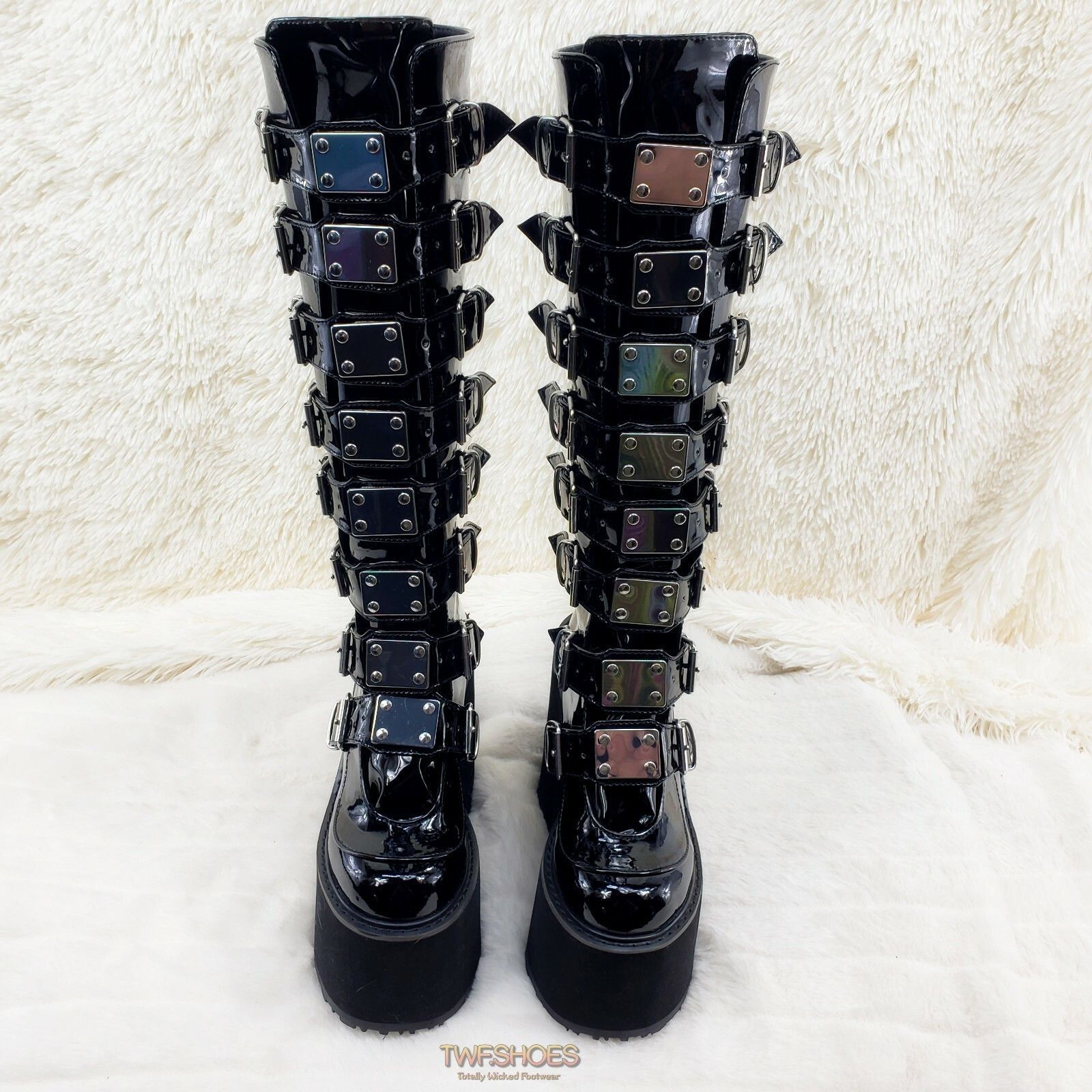 Demonia Cult DEMONIA Swing 815 Black Patent Goth Punk Rave Knee Boot 5.5" Size US 8 / IT 38 - 8 Thumbnail
