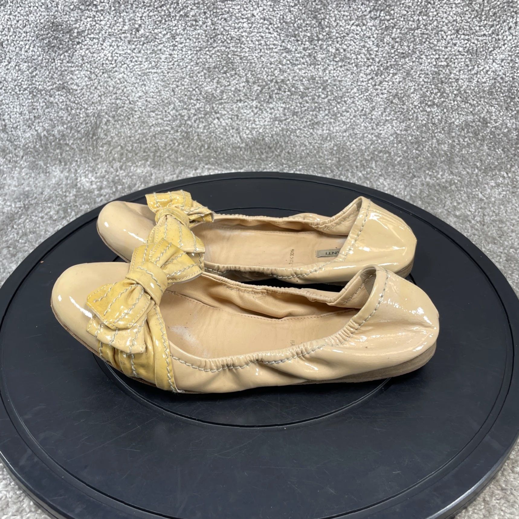 VINTAGE Parlanti Women's Flats Size 38 EU 7.5 US Beige Patent Leather Bow Slip On Casual Dress Shoes