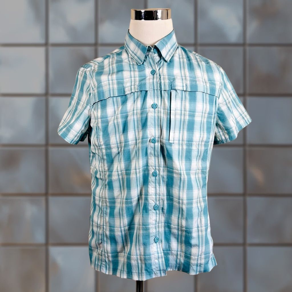 Vintage L.L. Bean Women's Teal Plaid Button Up Shirt Large Regular Fit Hiking Top Size L / US 10 / IT 46 - 1 Thumbnail