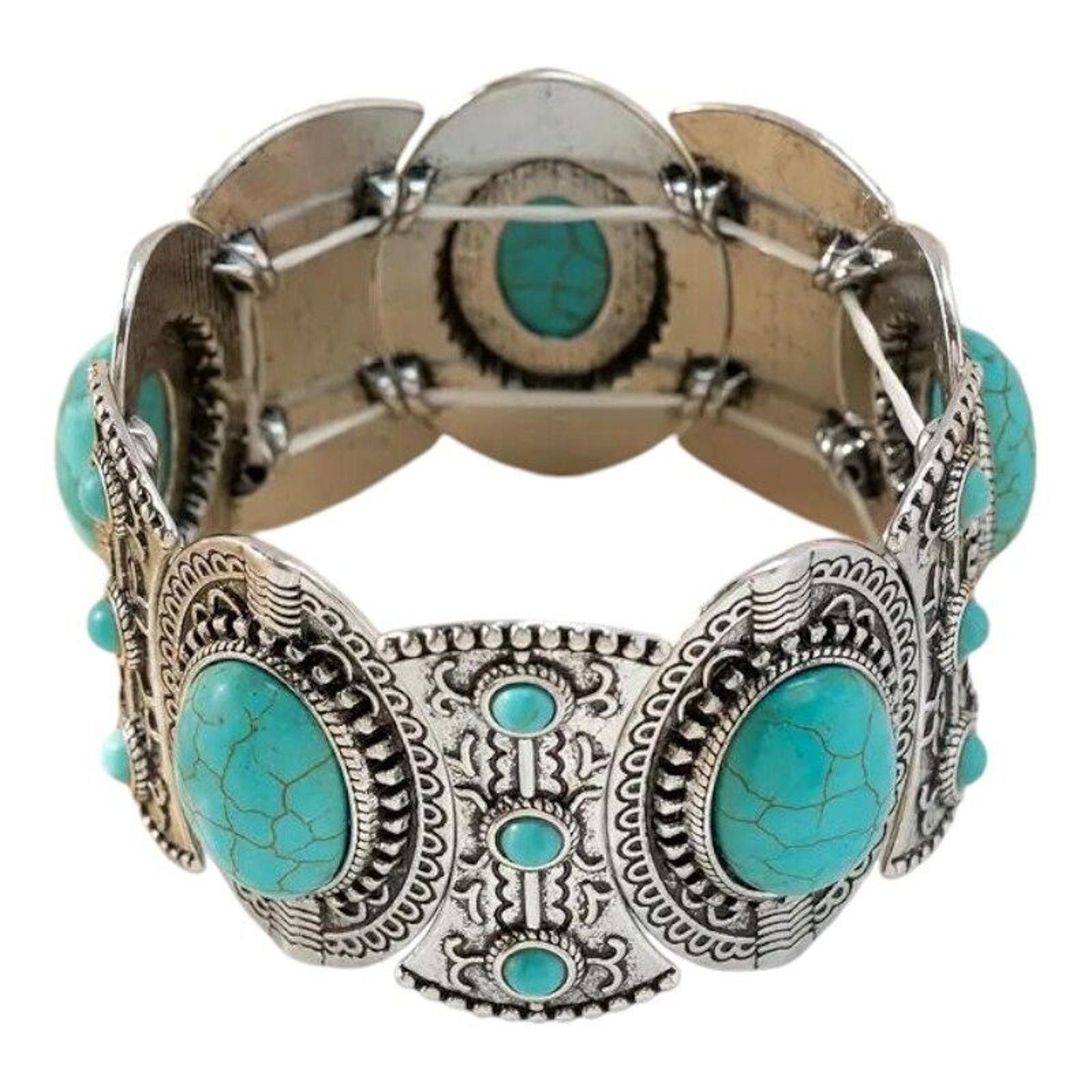 Other Native American Style Faux Turquoise Silvertone Bracelet Size ONE SIZE - 3 Thumbnail