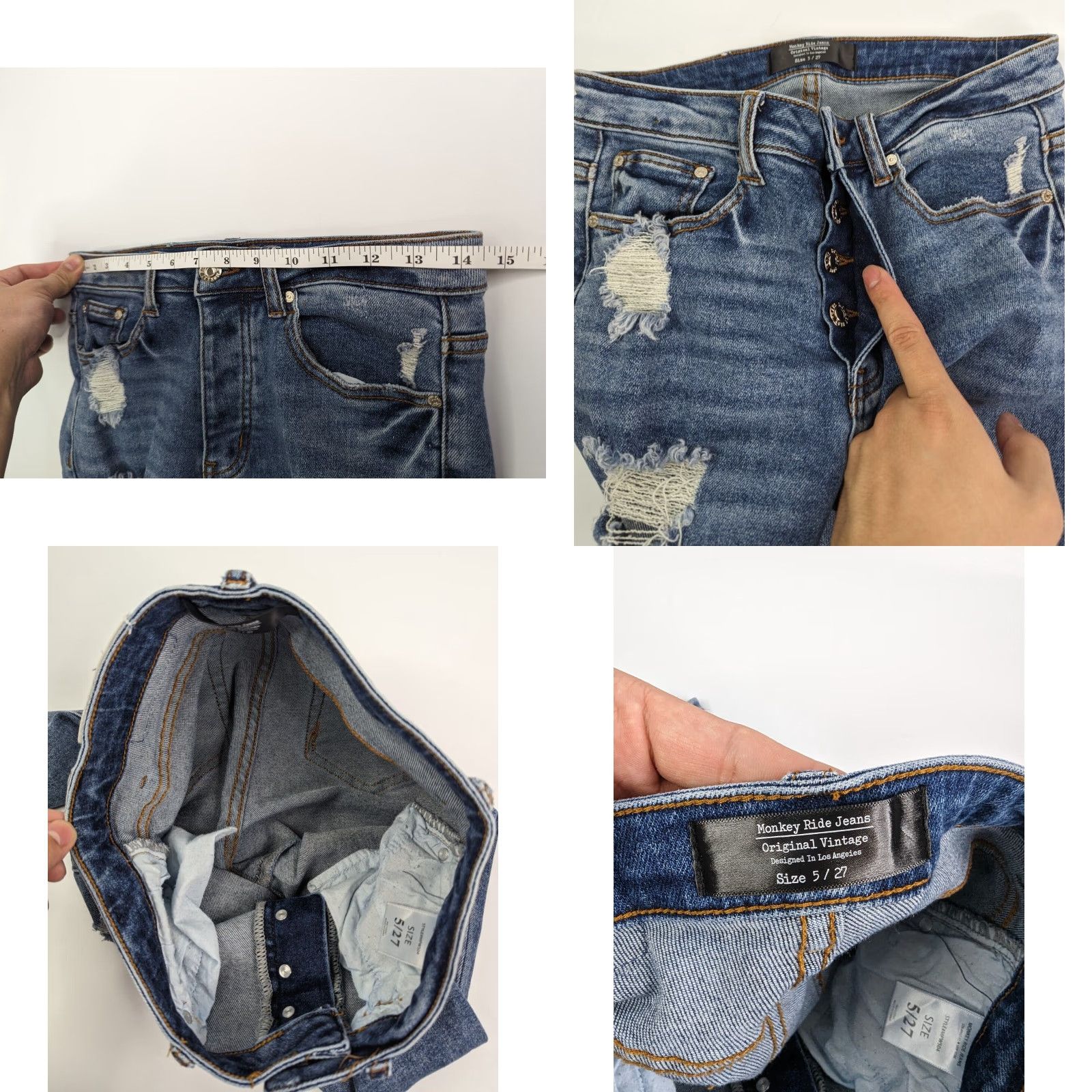 Vintage Monkey Ride Skinny Jeans Womens 27 Blue Button Fly Distressed Denim Cotton Spandex Jeans 5/27 Vintage No Size 27" / US 4 / IT 40 - 8 Thumbnail