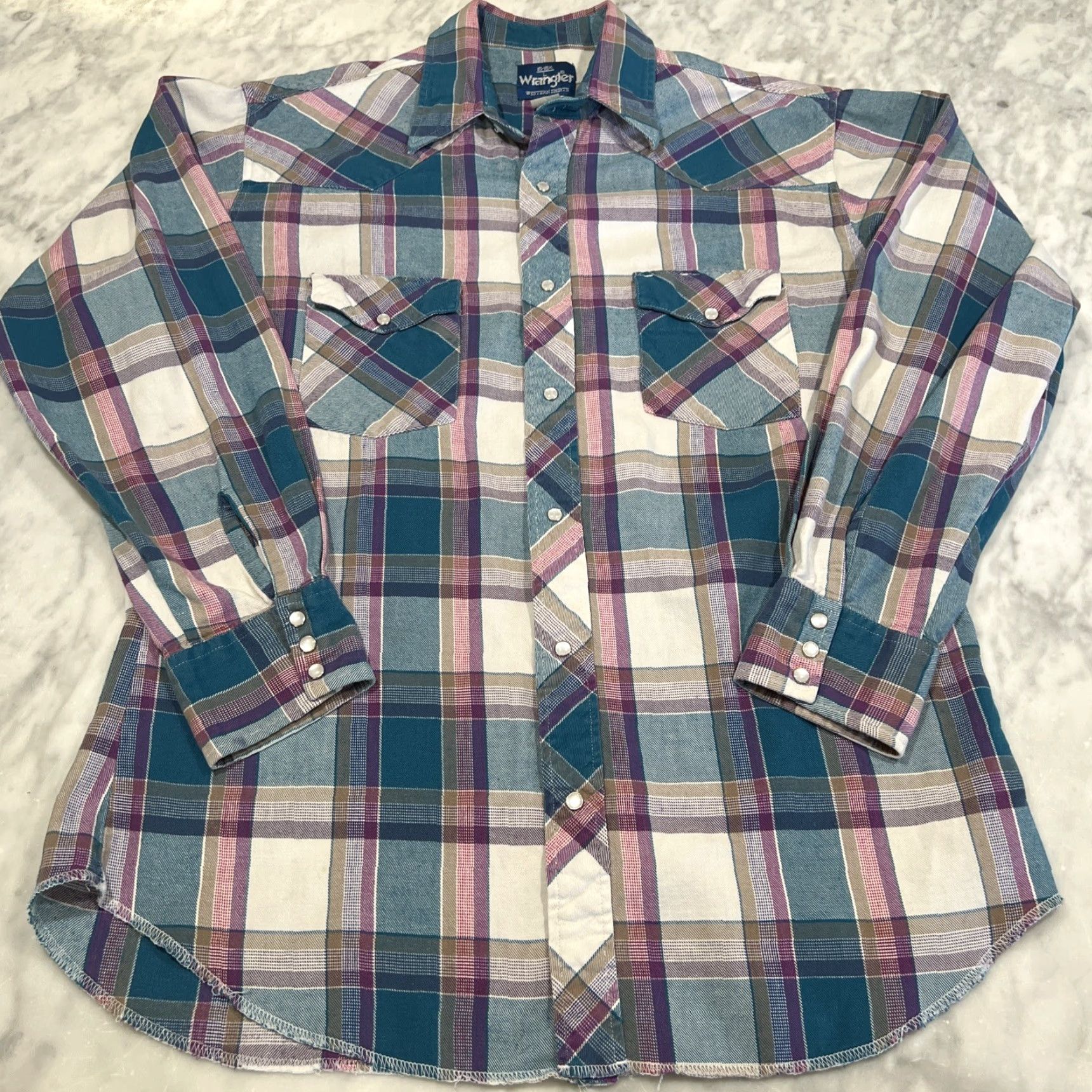 Wrangler VINTAGE Wrangler Western Pearl Snap Shirt Men Large Plaid Long Sleeve Go West Teal Pink Size US L / EU 52-54 / 3 - 3 Thumbnail