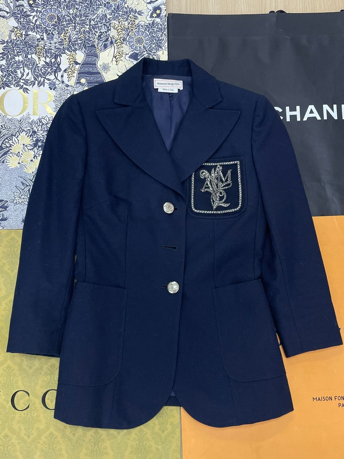 Alexander McQueen Alexander McQueen Dark Blue Embroidered Blazer Size US M / EU 48-50 / 2 - 1 Thumbnail