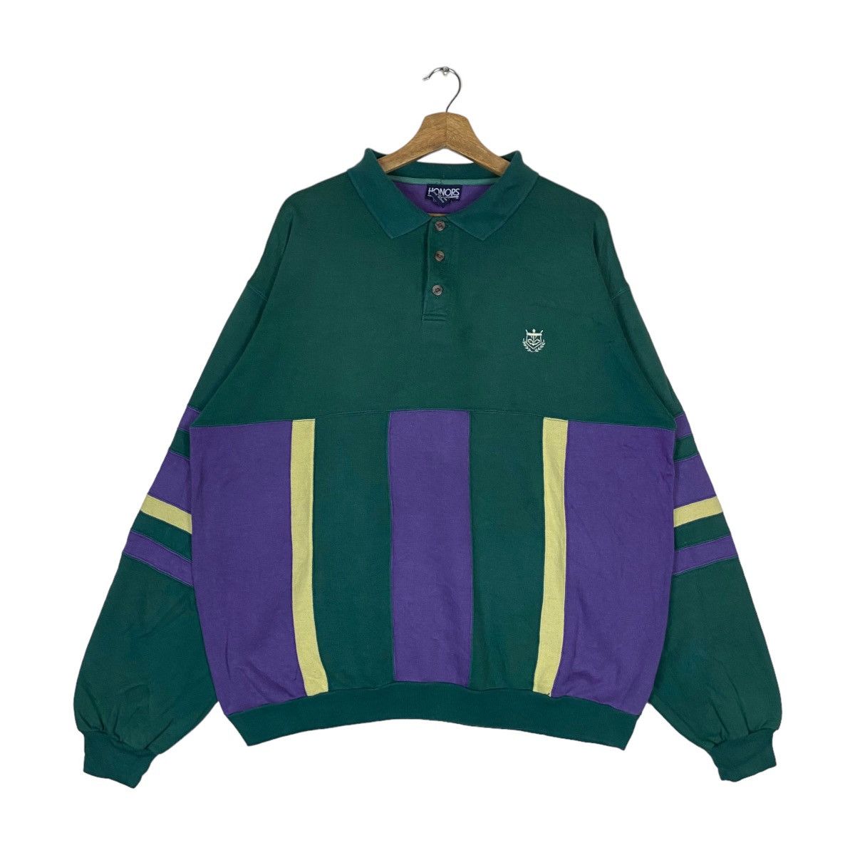 image of Vintage Honors Quarter Button Tri Tone Pullover Jumper in Green/Yellow/Purple, Men's (Size XL)