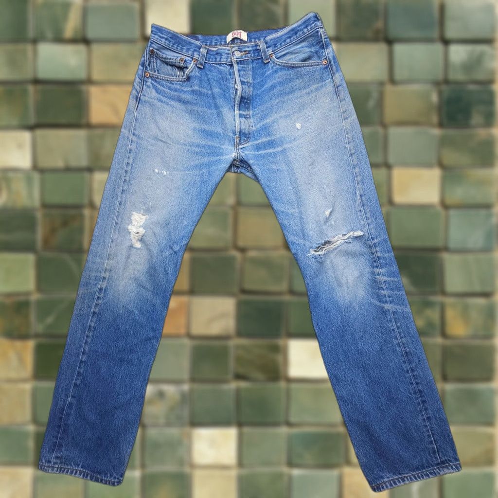 Levi's Levi's Levi's 501 Jeans Mens Regular Straight Denim Blue 35x31 Distressed Mid Rise 501 Series 90s Vintage Style Mens Jeans Size US 35 - 1 Thumbnail
