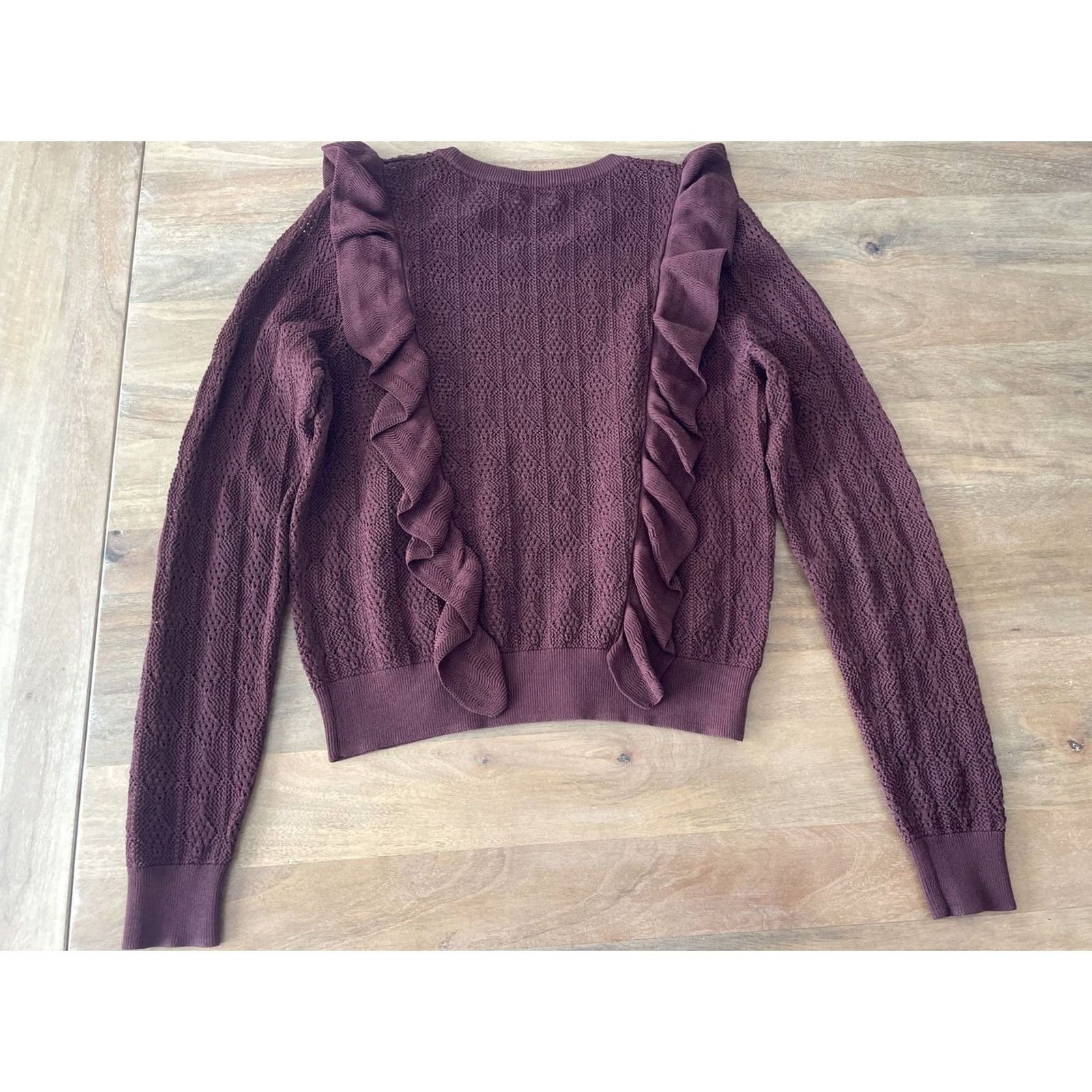 Vintage Wilfred Bernelle Sweater Womens Large Maroon Ruffle Open Knit Sweatshirt Knit Pullover Size L / US 10 / IT 46 - 2 Thumbnail