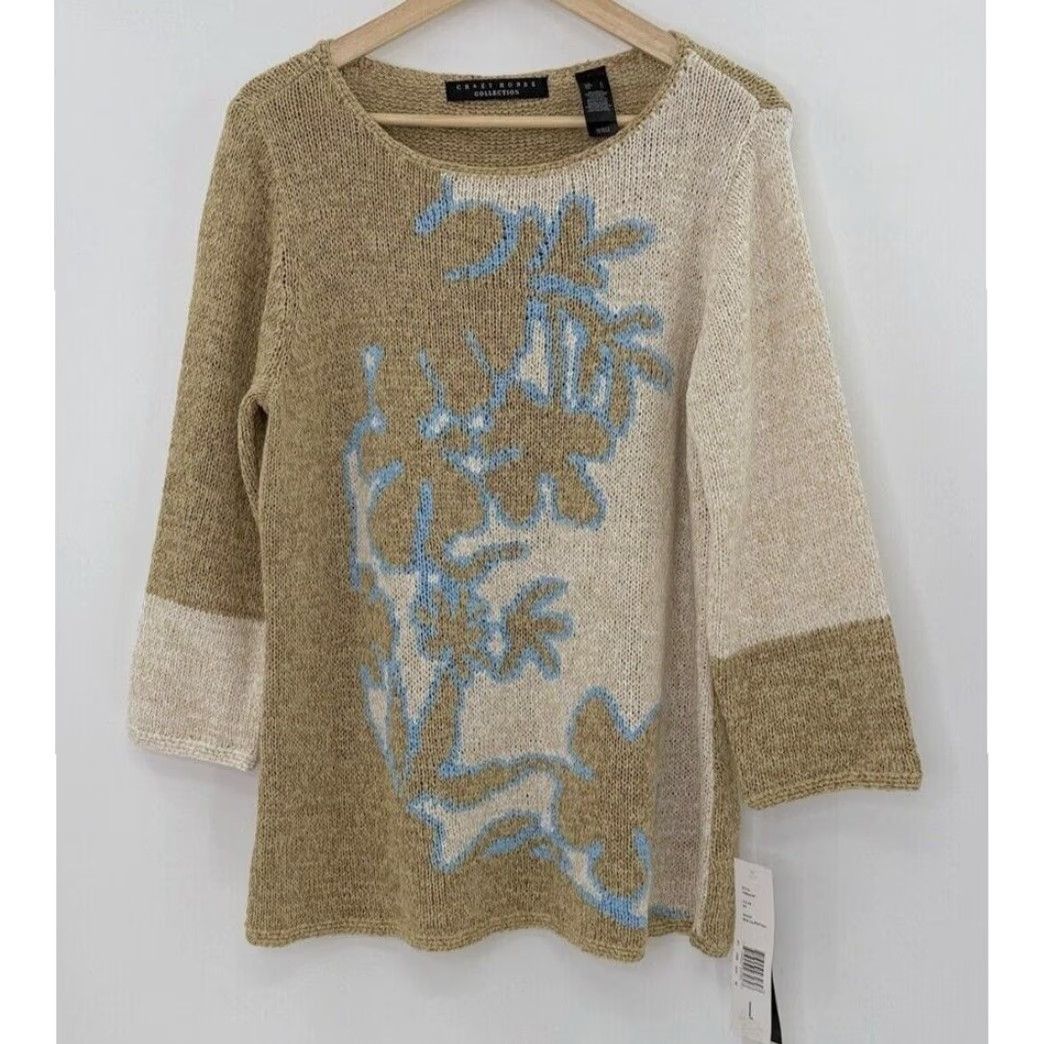 Vintage NWT Crazy Horse Flower Textured Knit Sweater Beige L Womens Boho Preppy 3/4 Sleeve Pullover Size Large Glow Vintage-inspired Size L / US 10 / IT 46 - 2 Thumbnail