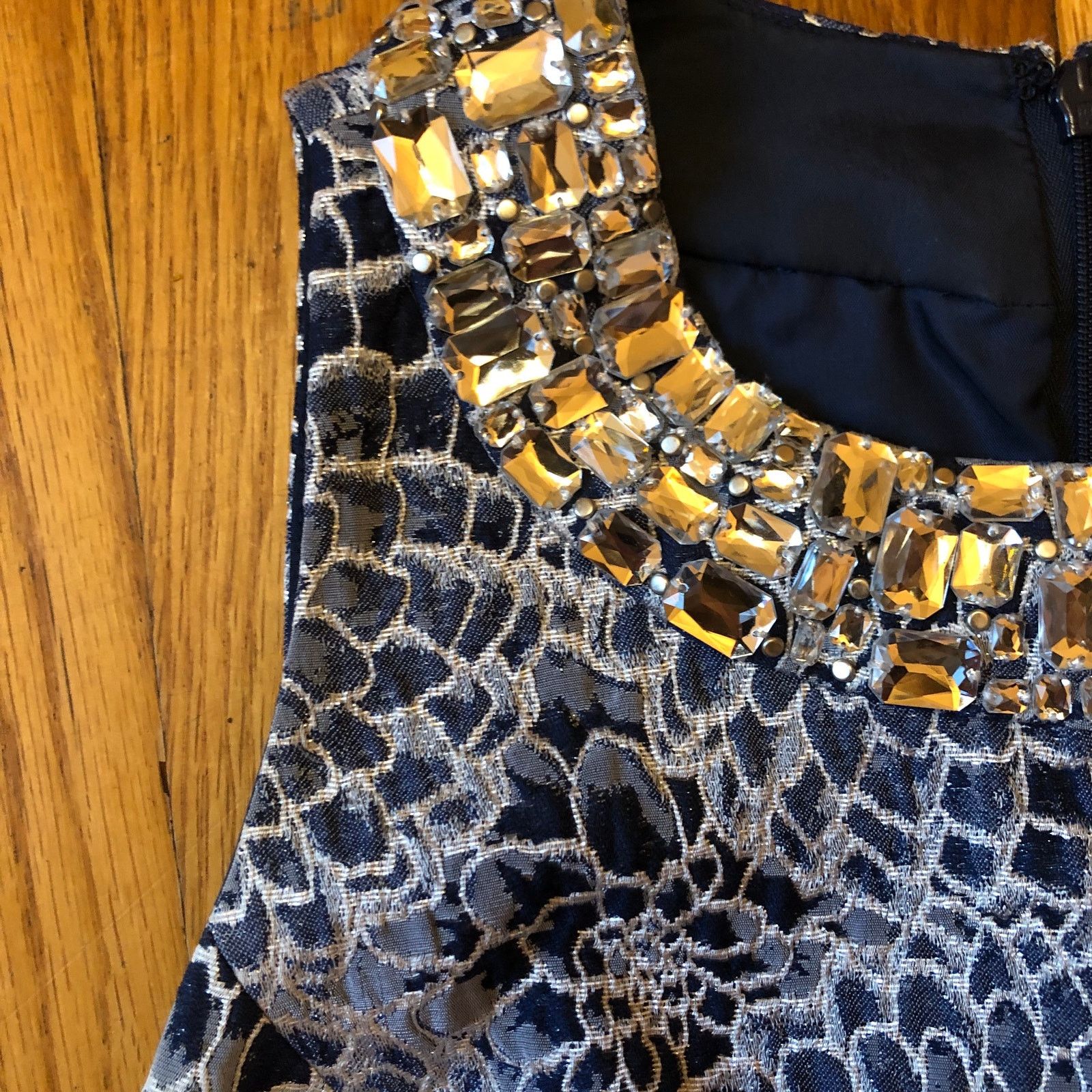 Nordstrom Carmen Marc Valvo Blue Silver Cocktl Dress Embellish Neck 6 Size M / US 6-8 / IT 42-44 - 9 Thumbnail