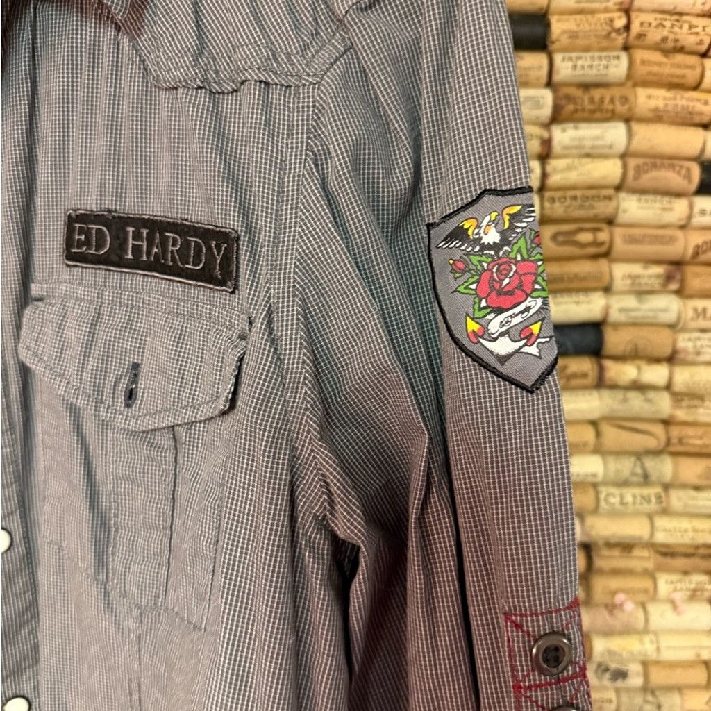 Ed Hardy Vintage Y2K Ed Hardy Pearl snap graphic logo patchwork shirt Size US M / EU 48-50 / 2 - 4 Thumbnail