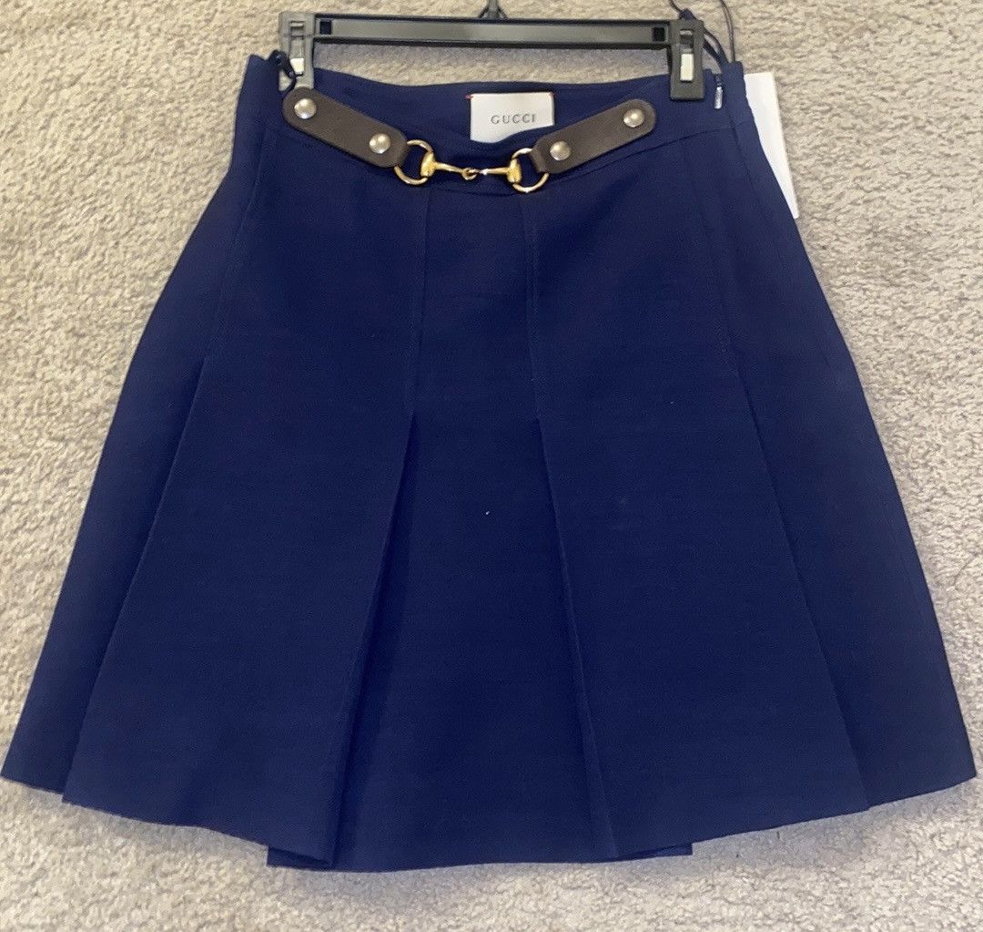 image of Gucci Horsebit Navy Silk And Wool Skirt Size 44, Women's