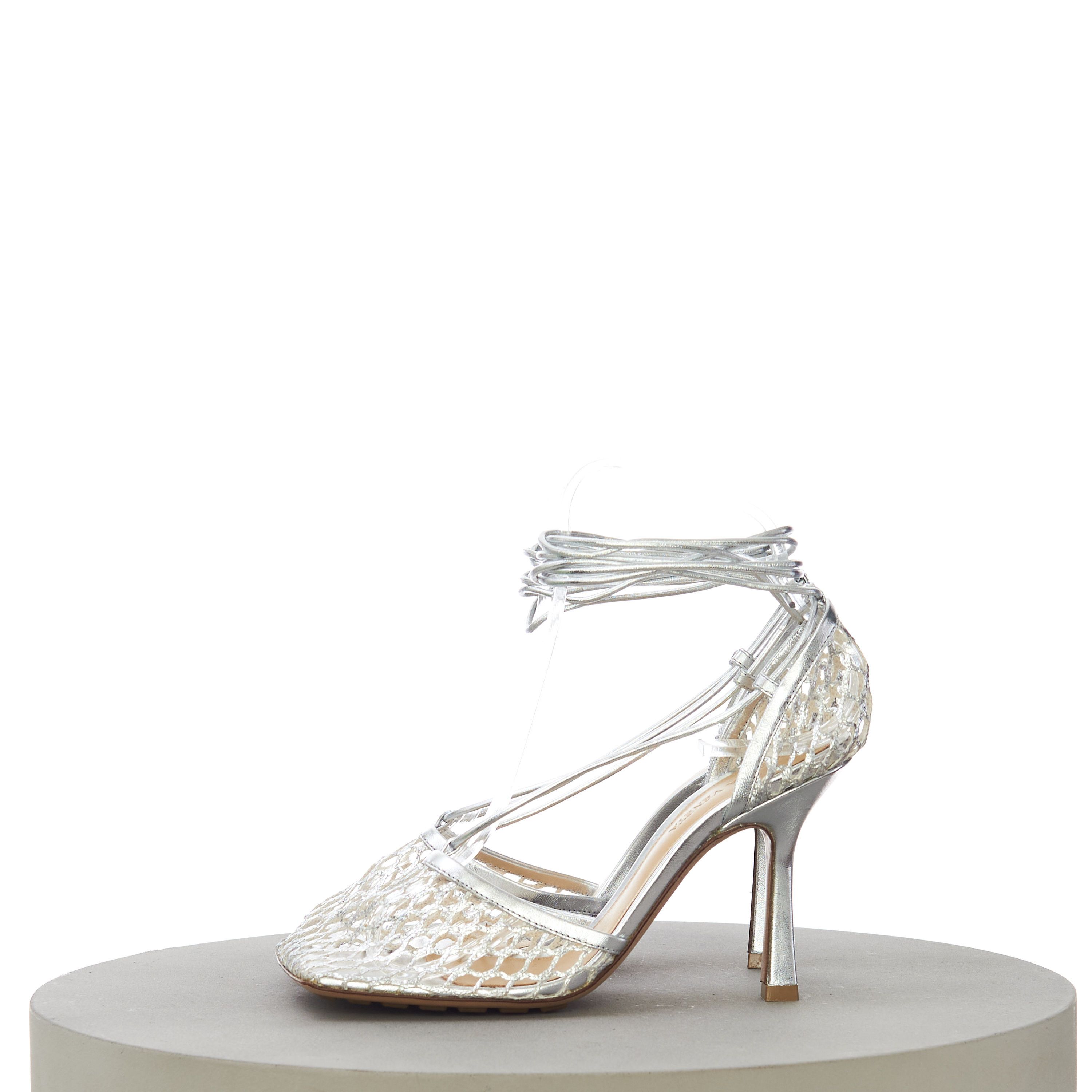 Bottega Veneta Women's Stretch Sandals In Silver Metallized Mesh & Leather Size US 7.5 / IT 37.5 - 5 Thumbnail