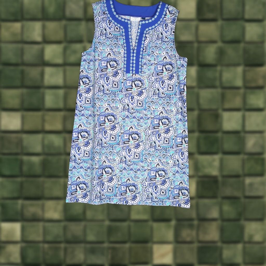 Vintage Cabana Life x Talbots Dress Womens L UPF50+ Blue Floral Knit Sleeveless V-Neck Knee Length Embroidered Summer Resort Cruise Beachy Size L / US 10 / IT 46 - 1 Thumbnail