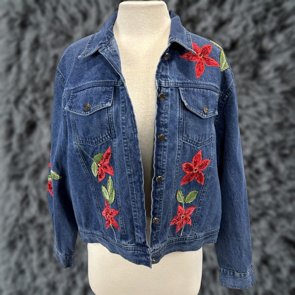 Denime VINTAGE Tantrums Denim Jean Jacket Womens Petite Large Poinsettia Xmas Blue Beaded Embroidered LP Size PL/Petites Mens? Womens Size 36" / US 14 / IT 50 - 1 Thumbnail