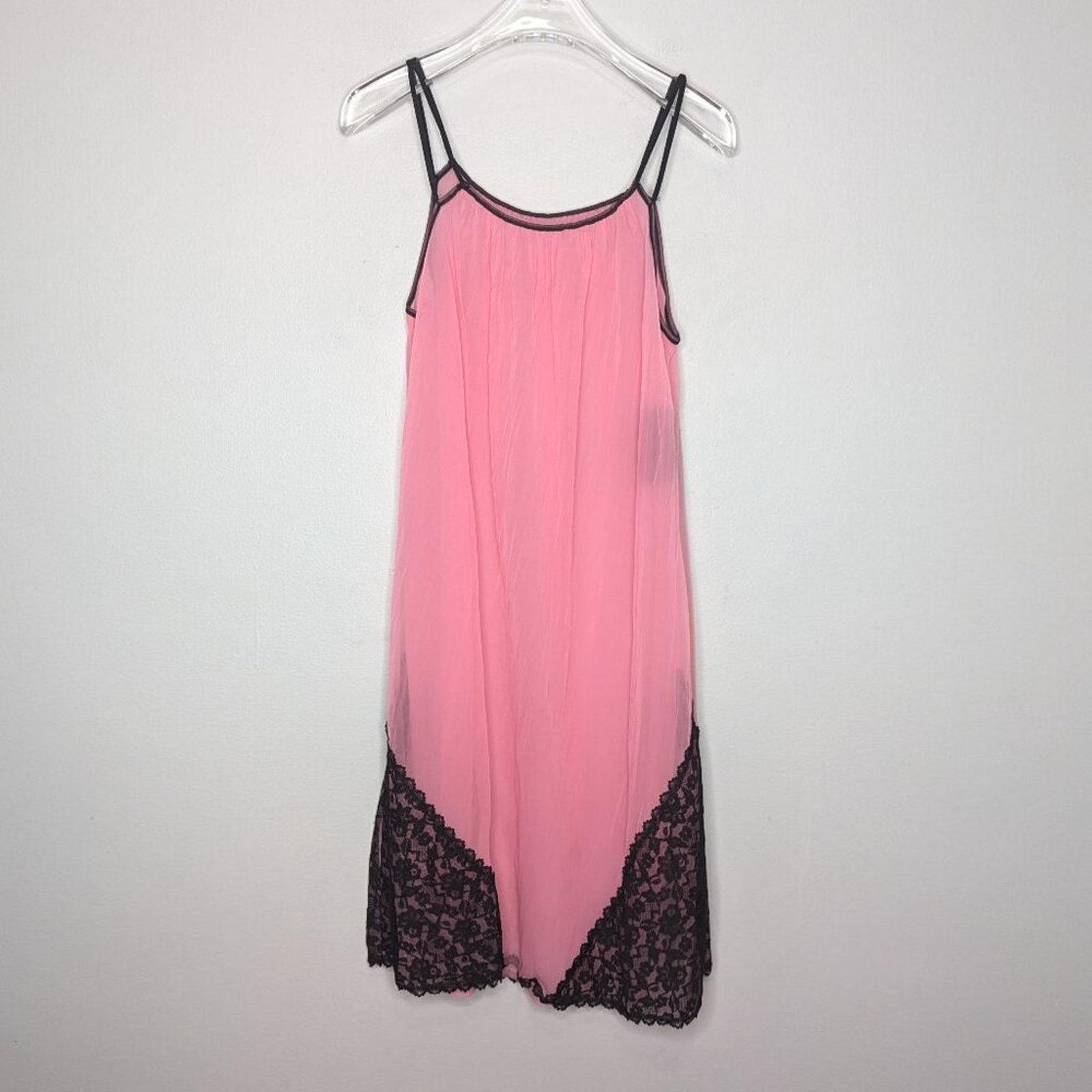 Vintage Vintage 60s Bright Pink Nightgown Black Lace Trim Sleeveless Size M / US 6-8 / IT 42-44 - 2 Thumbnail