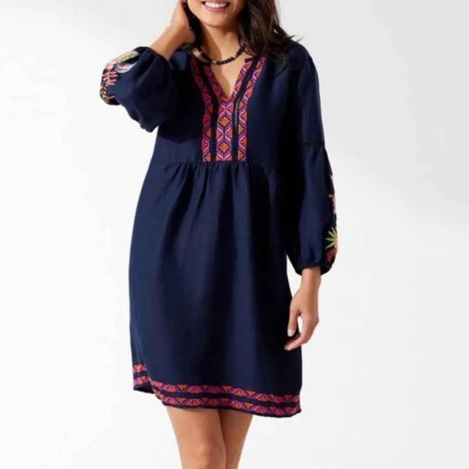 Tommy Bahama Tommy Bahama Navy Tunic Dress 3/4 Sleeve Embroidered Boho XS Size XS / US 0-2 / IT 36-38 - 1 Thumbnail