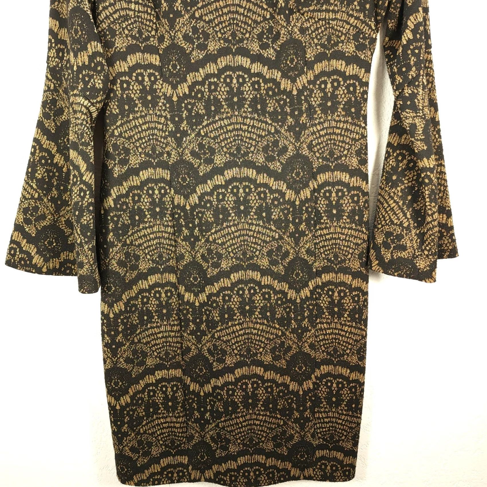 Vintage Women Alex Marie Black Gold Metallic Flare Sleeve Bodycon Turtleneck Dress Sz 6 Size M / US 6-8 / IT 42-44 - 4 Thumbnail