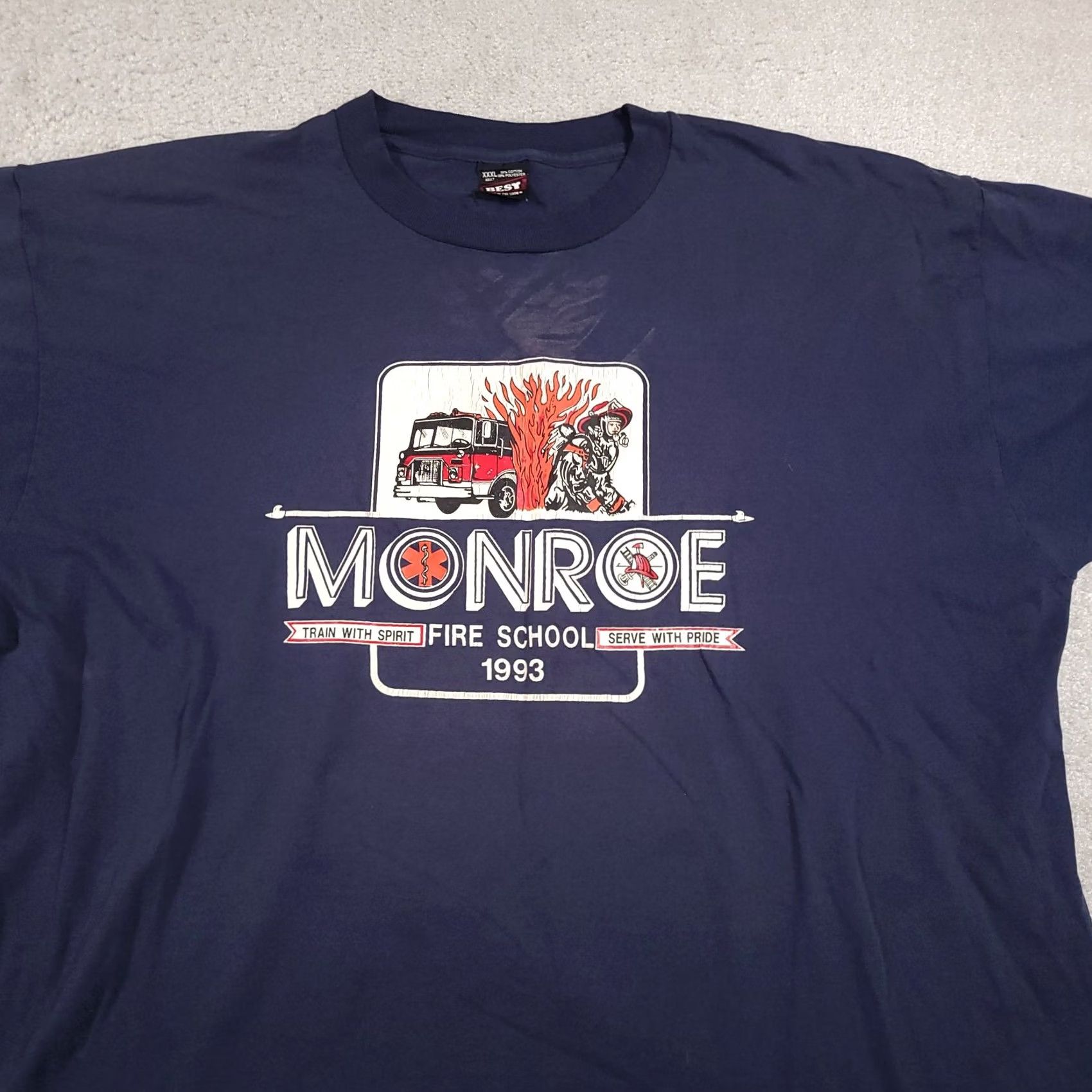 Fruit Of The Loom VINTAGE Monroe Fire School Shirt Mens 3XL Blue 1993 90s Tee Firefighter Graphic USA T-Shirt Size US XXL / EU 58 / 5 - 3 Thumbnail