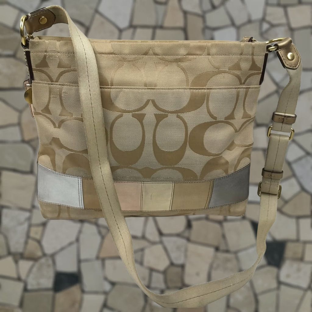 Coach Coach Signature Khaki Metallic Patchwork Stripe Shoulder Crossbody Purse, Medium, Beige, Women, F19209 Size ONE SIZE - 1 Thumbnail