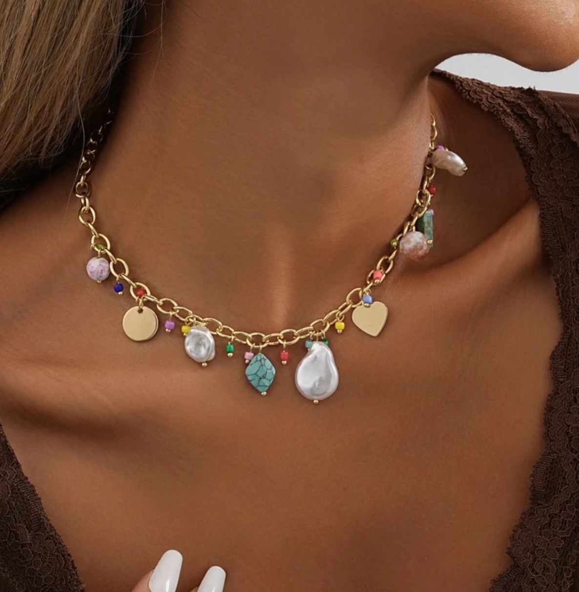 Handmade × Jewelry Colorful Natural Stone Shell Rice Bead Pendant Necklace Size ONE SIZE - 2 Thumbnail