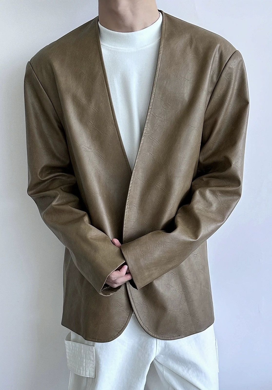 Japanese Brand × Vintage Retro cracked pu leather no collar collarless blazer jacket Size US L / EU 52-54 / 3 - 4 Thumbnail