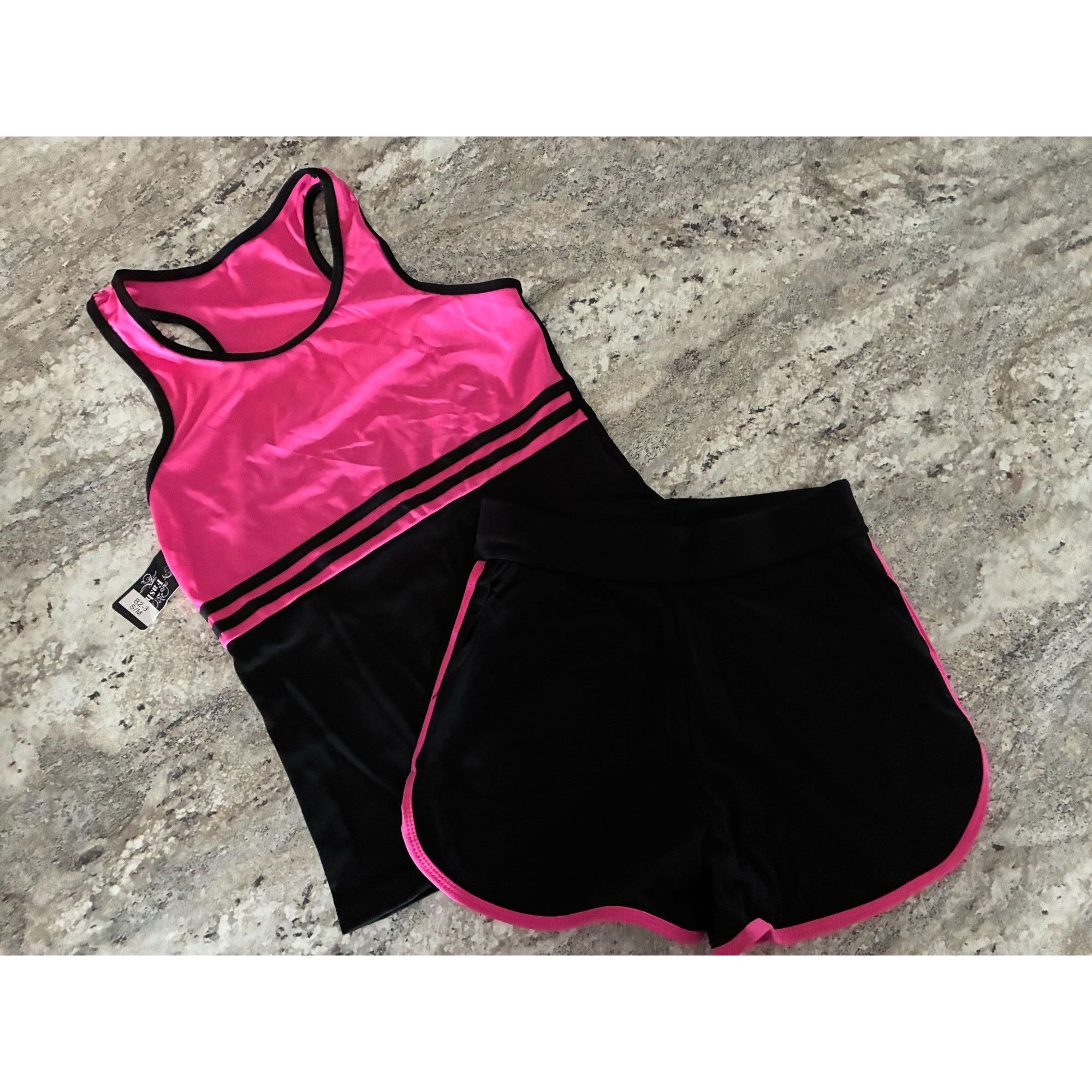 Other Junior Workout Two Piece Set Pink Black Athletic Tank Top Sh Size 28" / US 6 / IT 42 - 2 Thumbnail