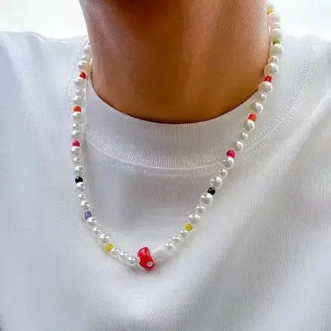 Chain x Jewelry Pearl Colorful Glass Rice Bead Choker Necklace For in White, Men's