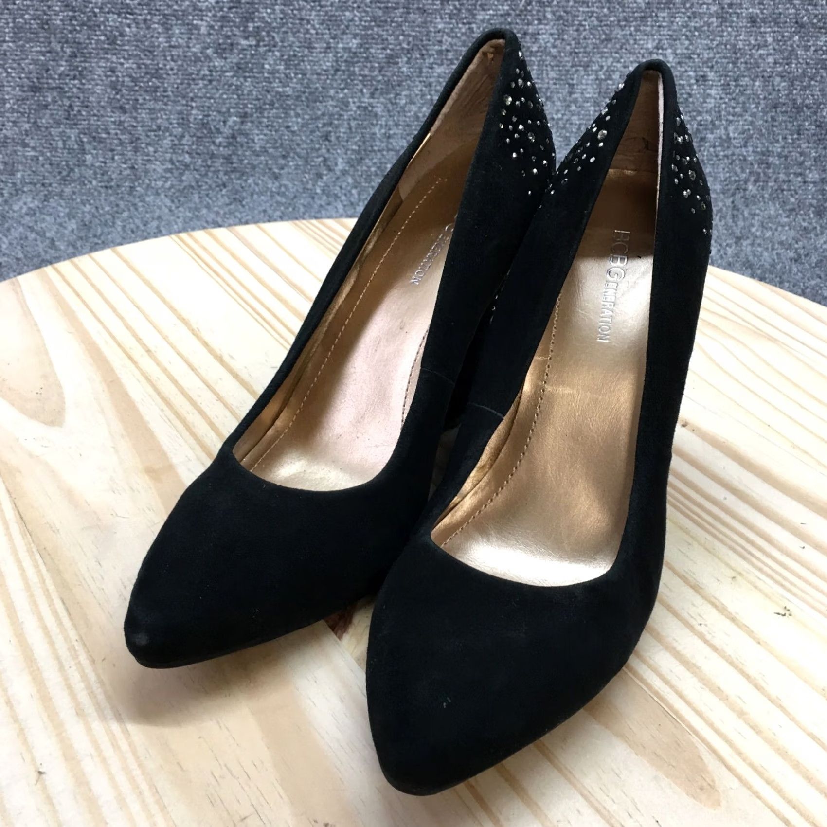 BCBGeneration BCBGeneration Heels Womens 8.5 Studded Slip On Wedge Pumps Black Suede Size US 9 / IT 39 - 3 Thumbnail