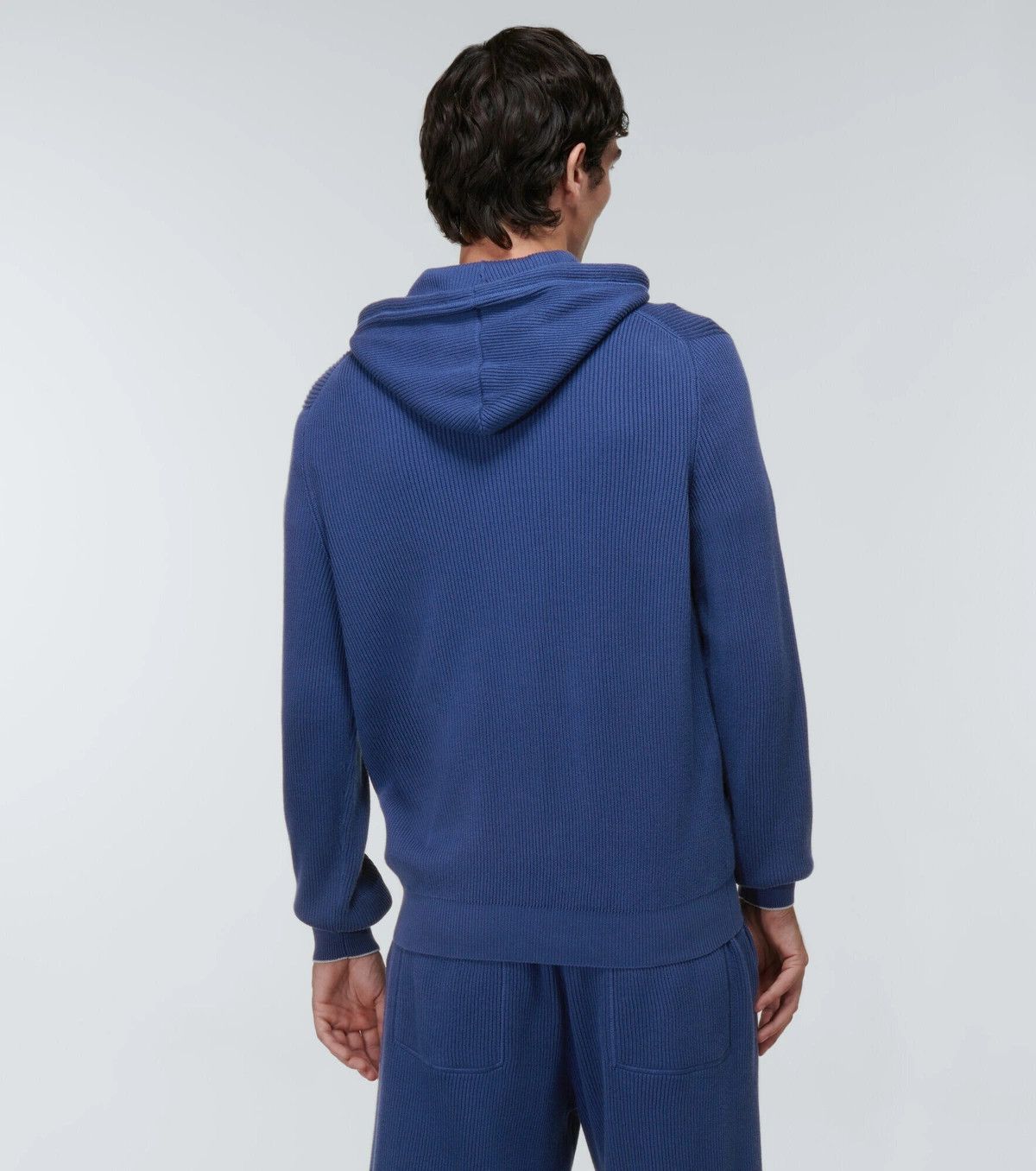 Brunello Cucinelli o1w1db10326 Ribbed Knit Cotton Hoodie in Blue Size US L / EU 52-54 / 3 - 4 Thumbnail