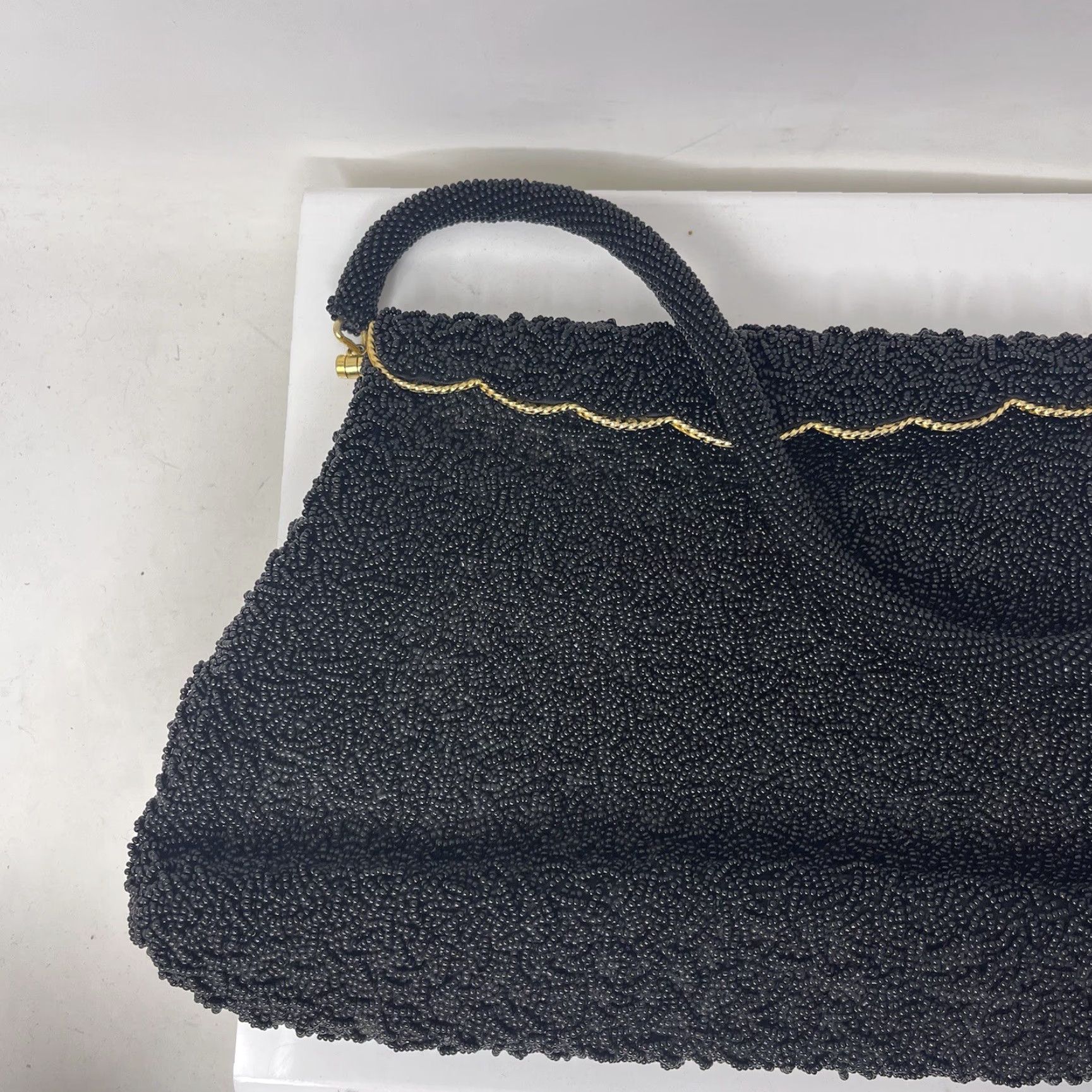 Vintage VINTAGE Hand Beaded Black Clutch Purse Beaded Hand Bag British Hong Kong 50s Women Purse Size ONE SIZE - 3 Thumbnail