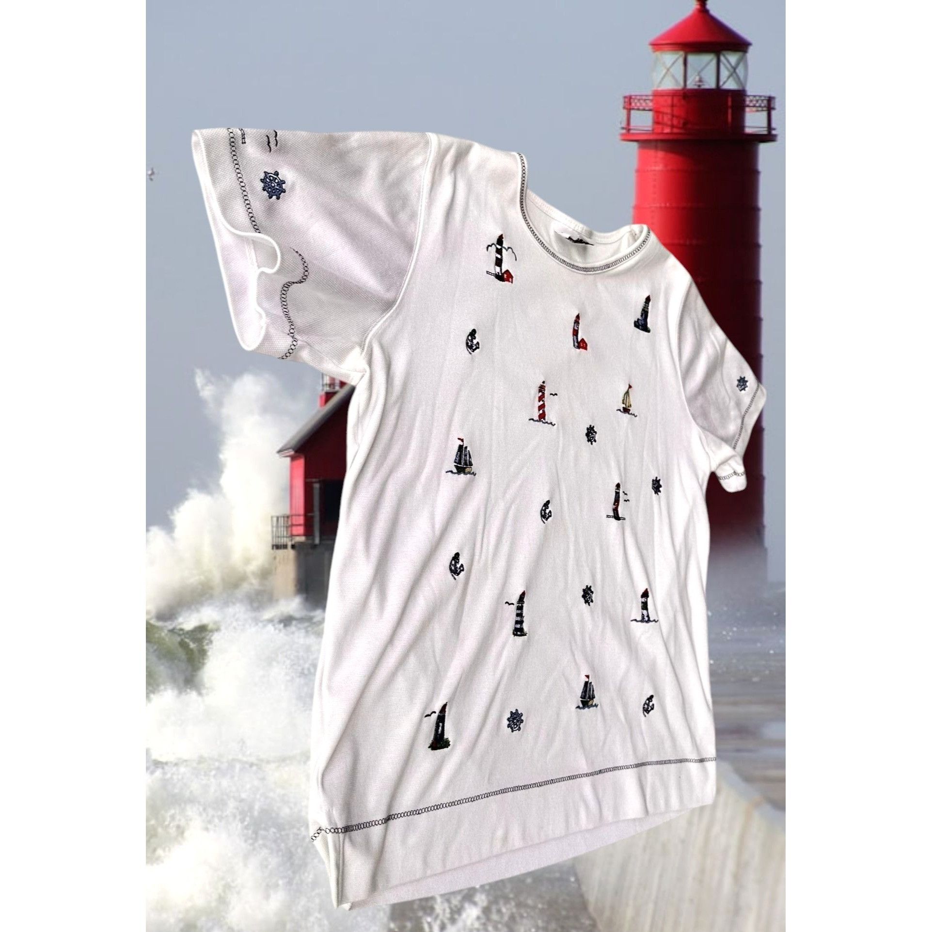 Vintage VTG Bonworth Nautical Top Medium? White LIghthouses Size M / US 6-8 / IT 42-44 - 6 Thumbnail