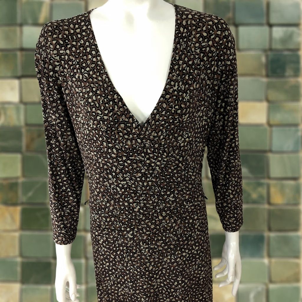 Vintage Chico's Travelers A-Line Faux Wrap Midi Dress Animal Print Brown Women's Slinky 1 V-Neck Long Sleeve Casual Travel Size XS / US 0-2 / IT 36-38 - 1 Thumbnail