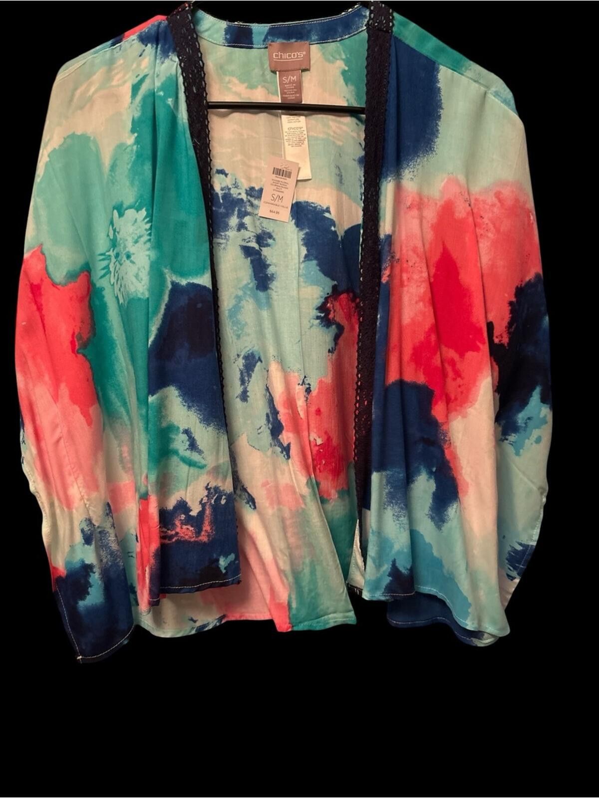 Chicos Chico's Watercolor Kimono in Turquoise, Coral & Navy Size M / US 6-8 / IT 42-44 - 1 Thumbnail