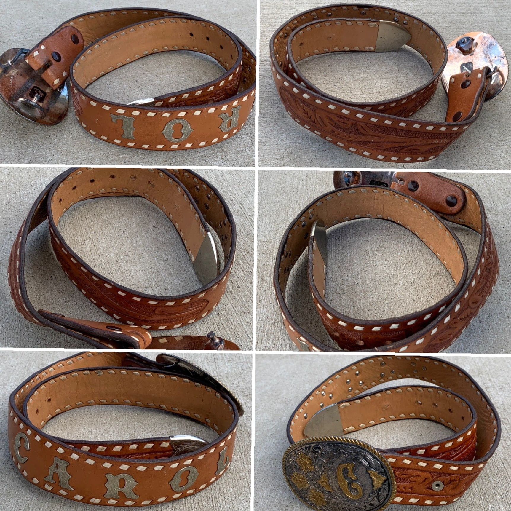 Vintage VINTAGE Tooled Leather Western Belt The Name Carol C Buckle El Arturo Crumrine Belt Size ONE SIZE - 5 Thumbnail