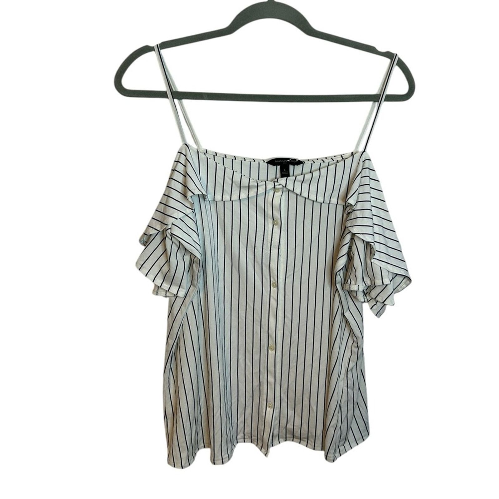 Banana Republic Banana Republic Black Striped Ruffle Cold Shoulder Blouse Size L / US 10 / IT 46 - 1 Thumbnail
