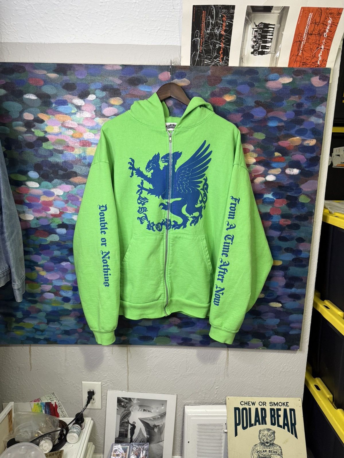 (B).Stroy Bstroy Neon Green double or nothing Graphic Zip Up hoodie Size US XL / EU 56 / 4 - 1 Thumbnail